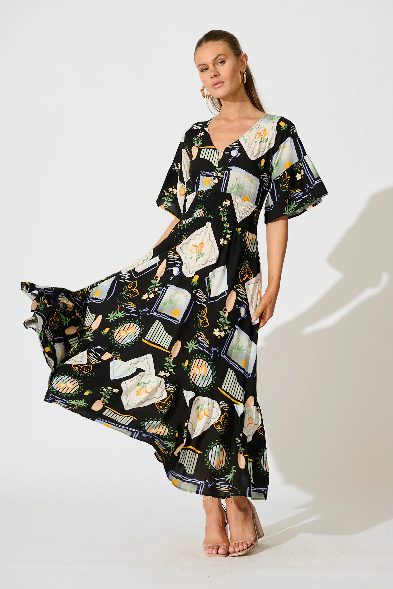 Eloa Midi Dress in Black with Multi Print