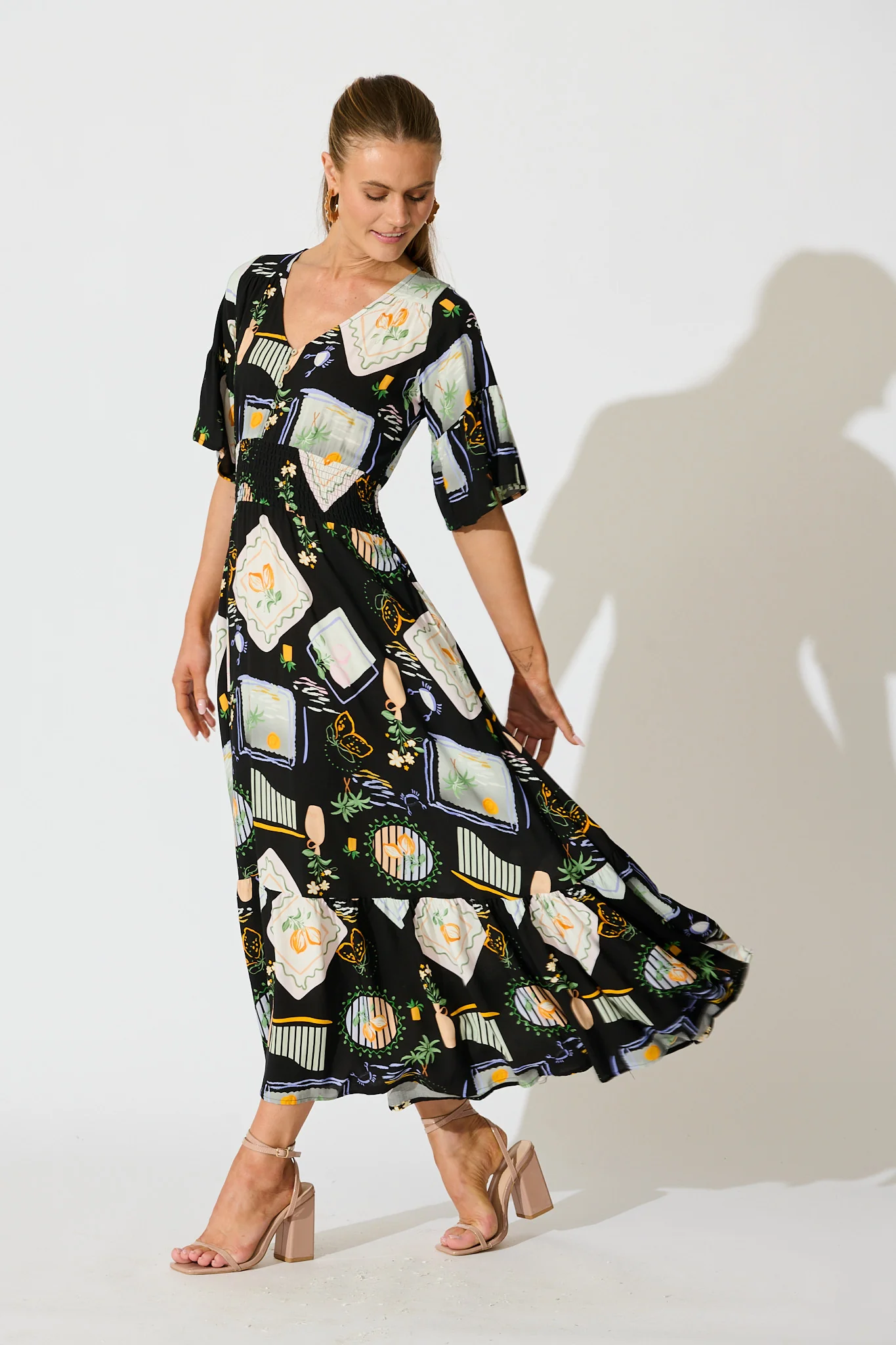 Eloa Midi Dress in Black with Multi Print - Image 3
