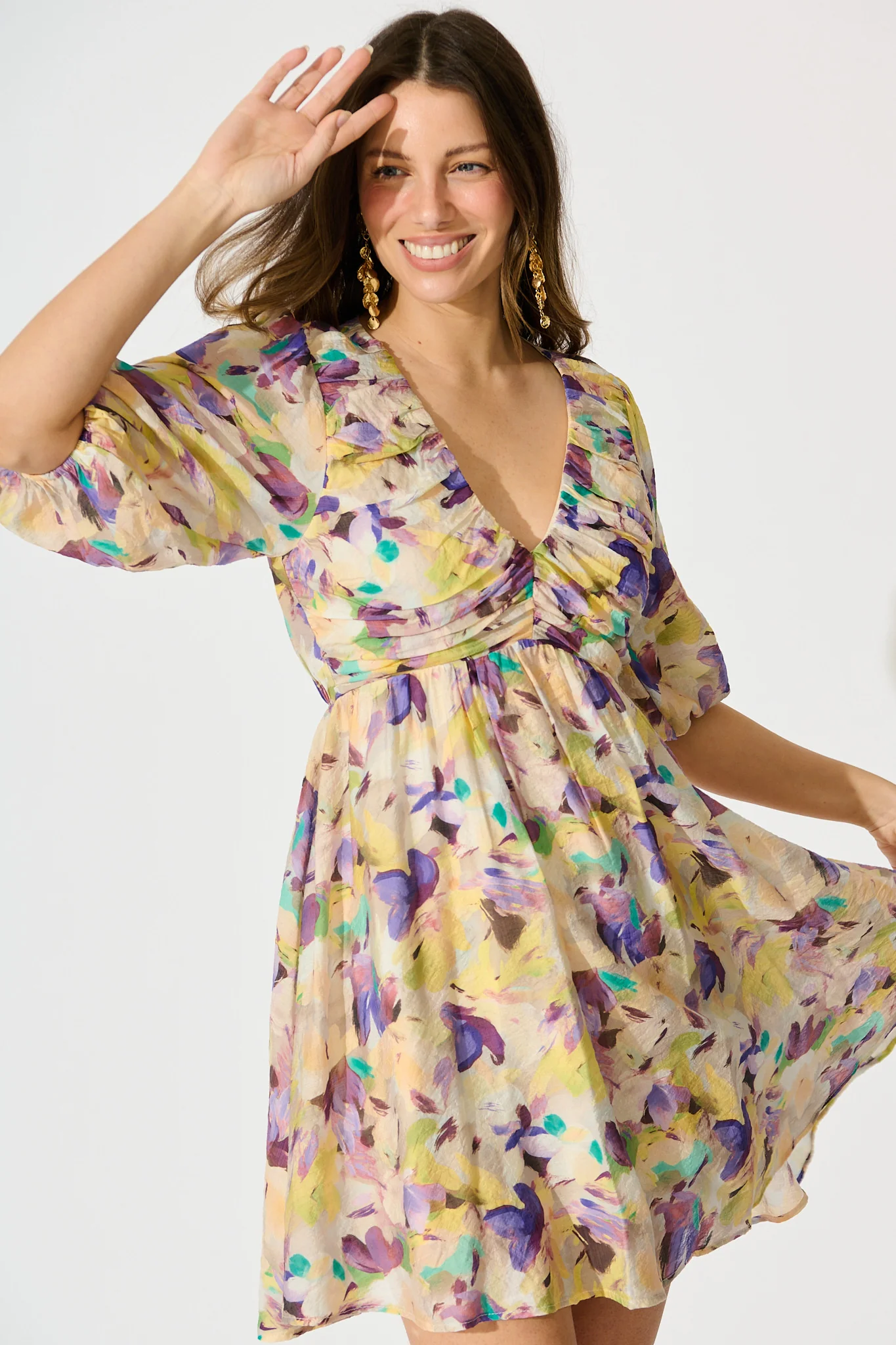 Elodie Bloom Dress in Mustard Multi Watercolour Floral - Image 2