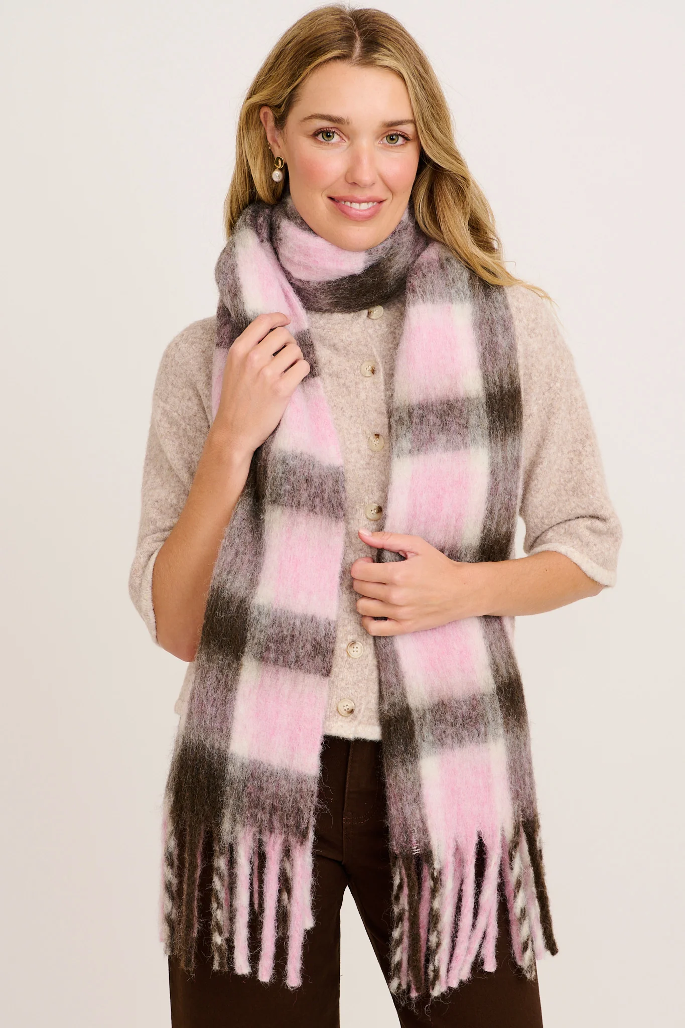 Elodie Knit Scarf in Multi Pink Check