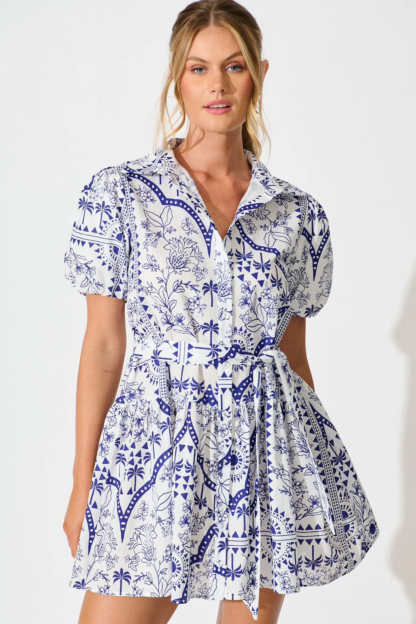 Eloise Shirt Dress in White and Blue Cotton Linen - Image 2