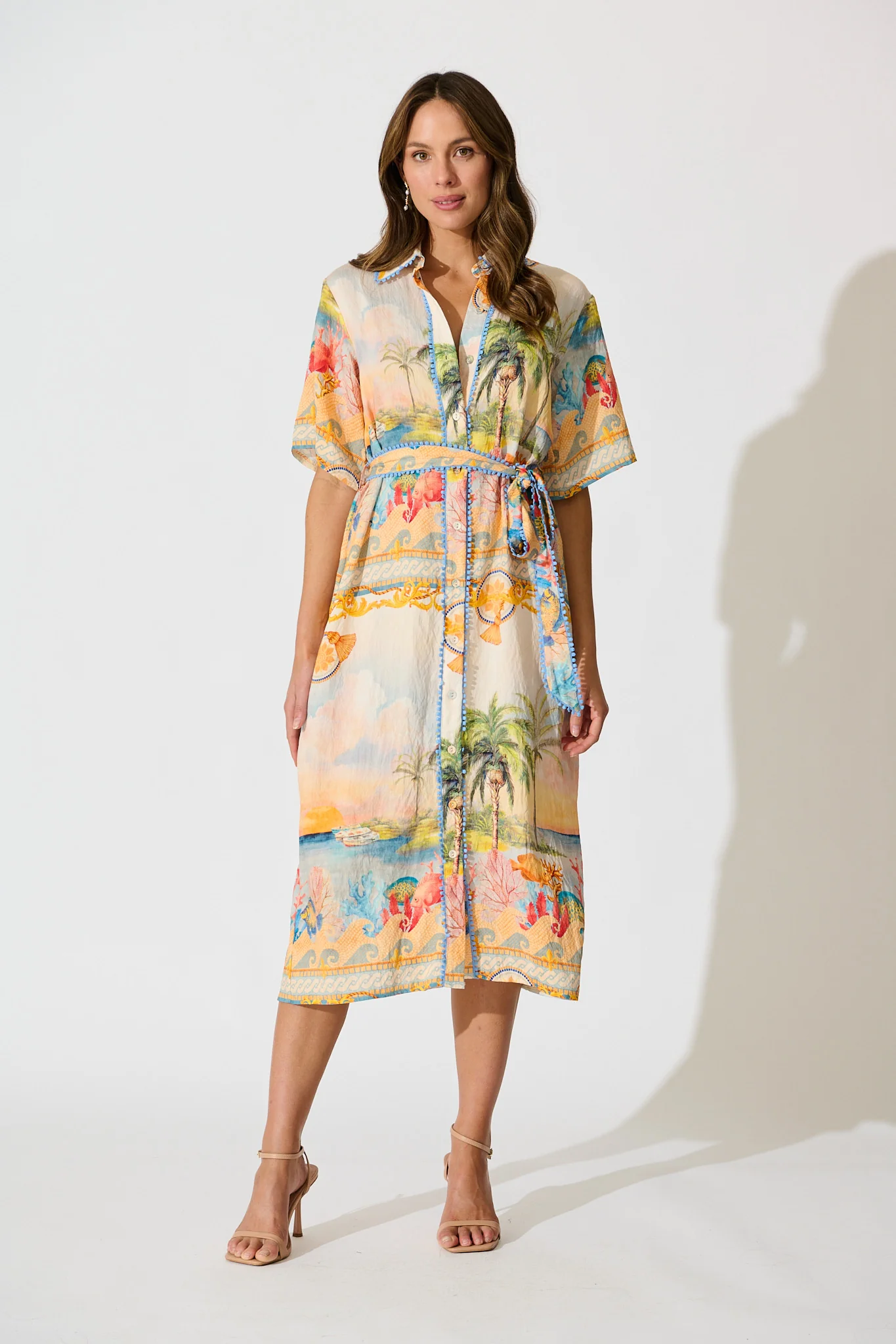 Elowen Midi Shirt Dress in Beige Multi Summer Print