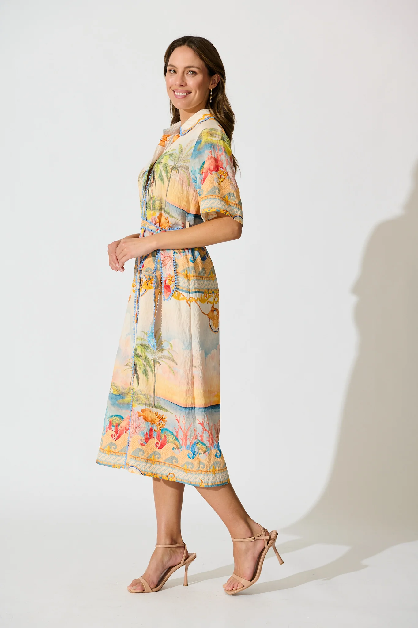Elowen Midi Shirt Dress in Beige Multi Summer Print - Image 3