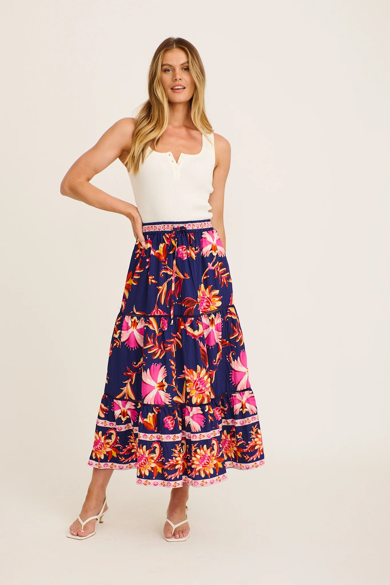 Elris Maxi Skirt in Navy with Pink Floral Linen Blend - Image 4