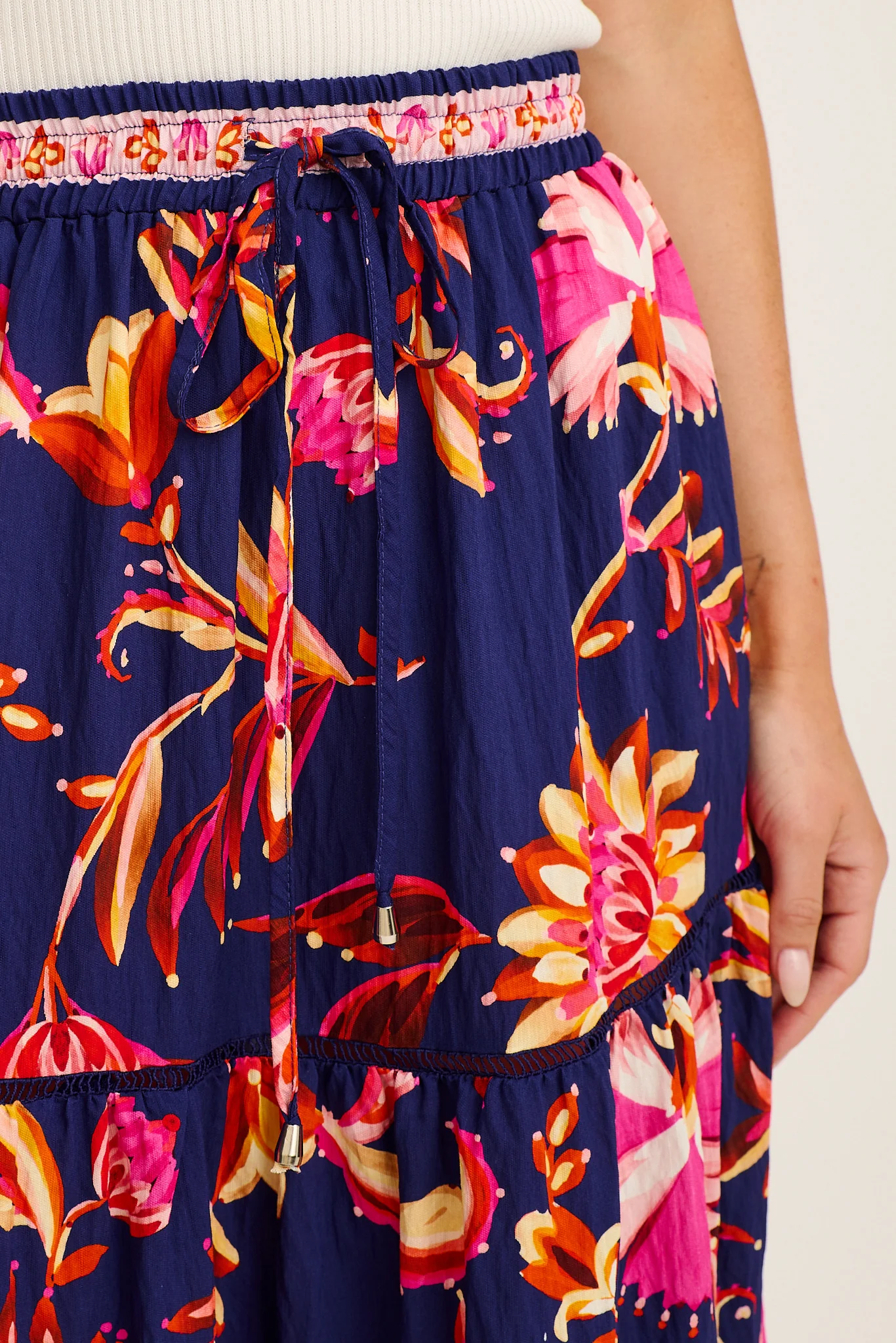 Elris Maxi Skirt in Navy with Pink Floral Linen Blend - Image 5