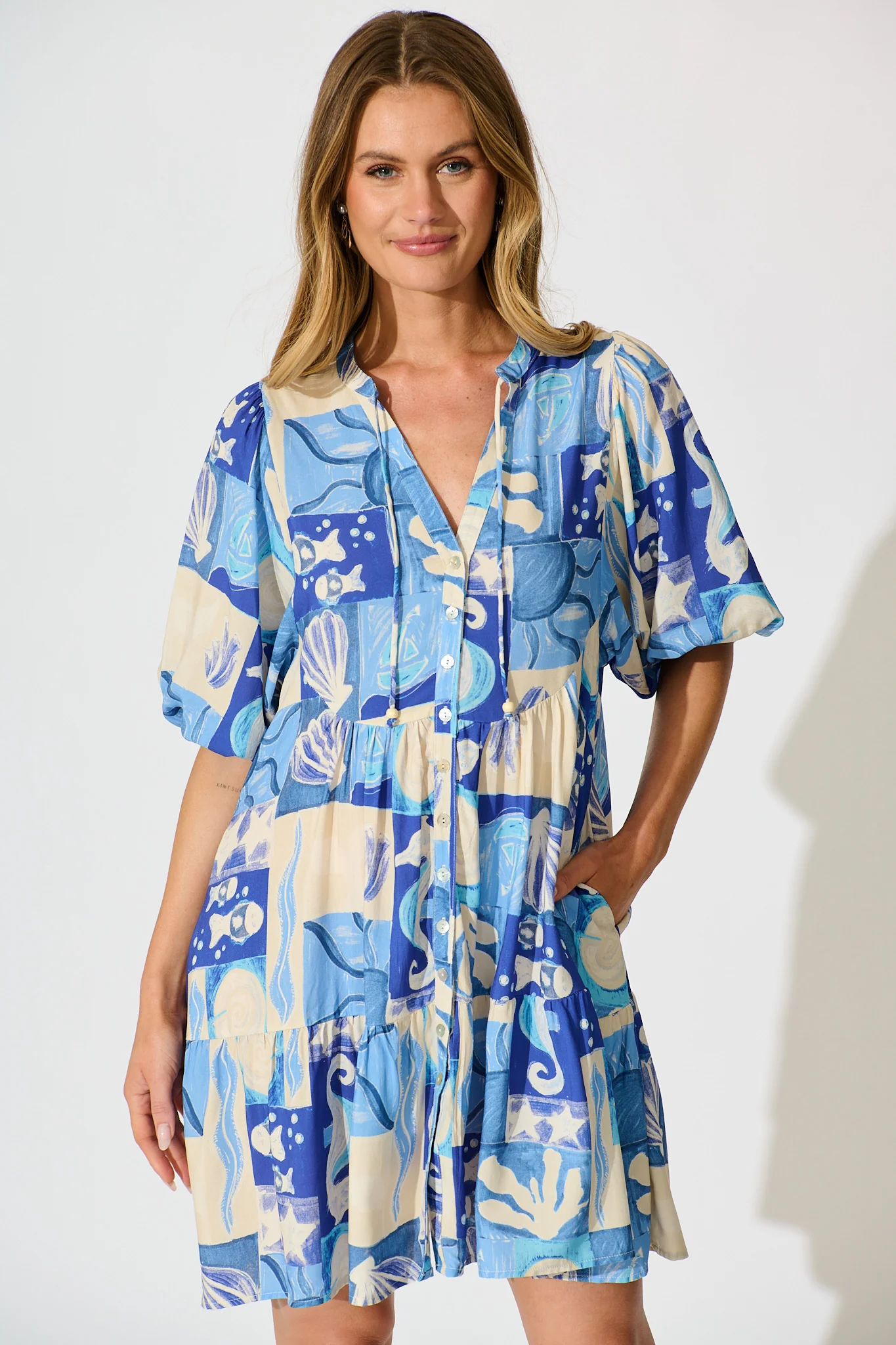 Emelyn Smock Dress in Blue Sea Shell Print - Image 2