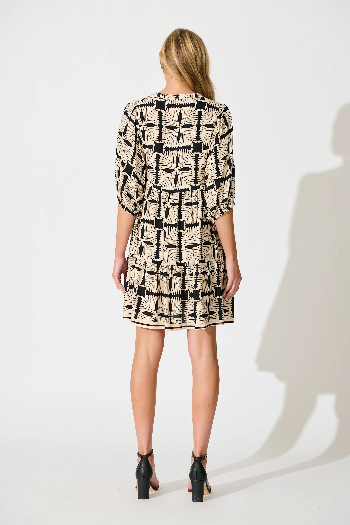 Emelyn Smock Dress in Cream with Black Tile Print - Image 4