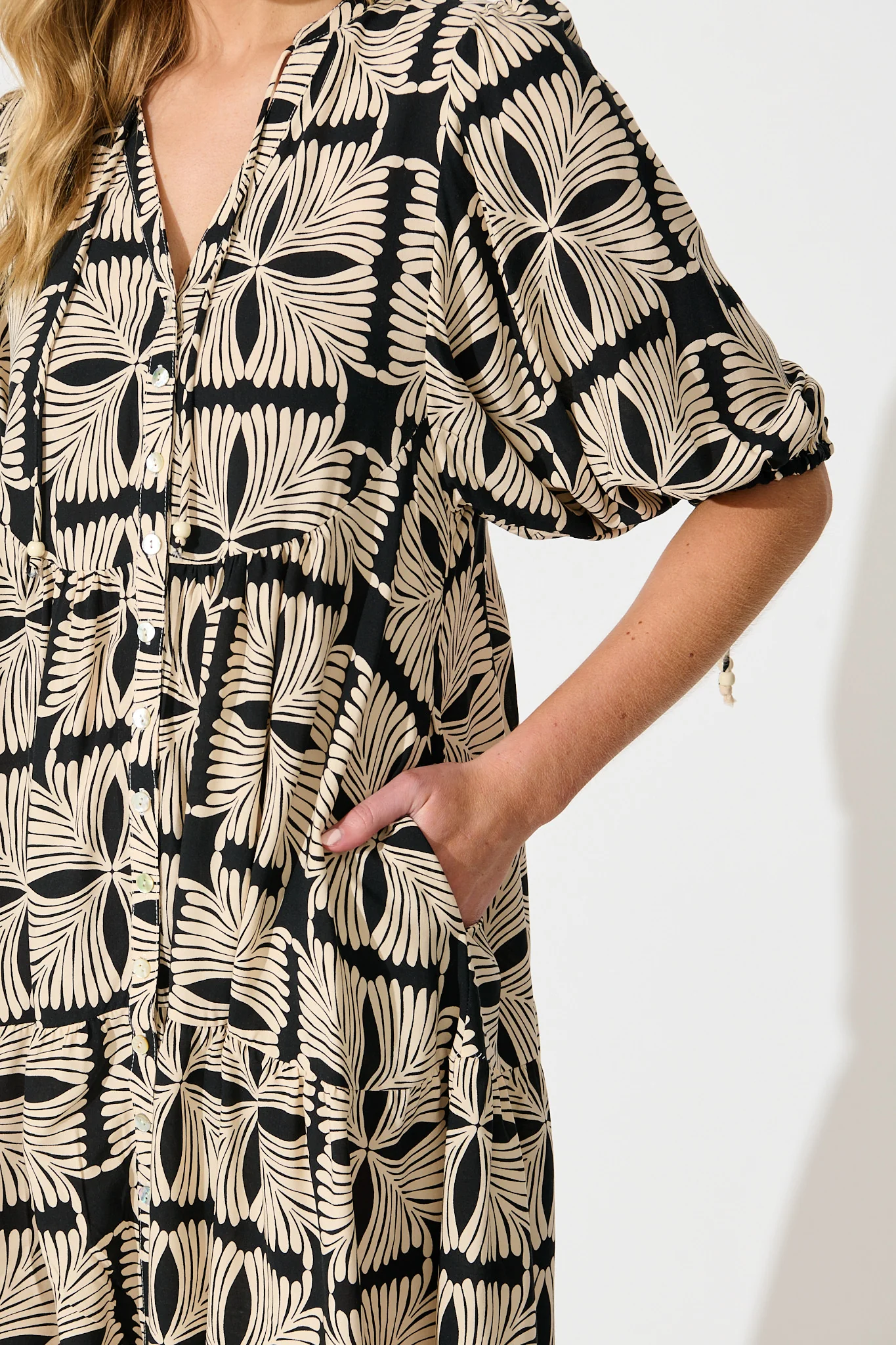 Emelyn Smock Dress in Cream with Black Tile Print - Image 5