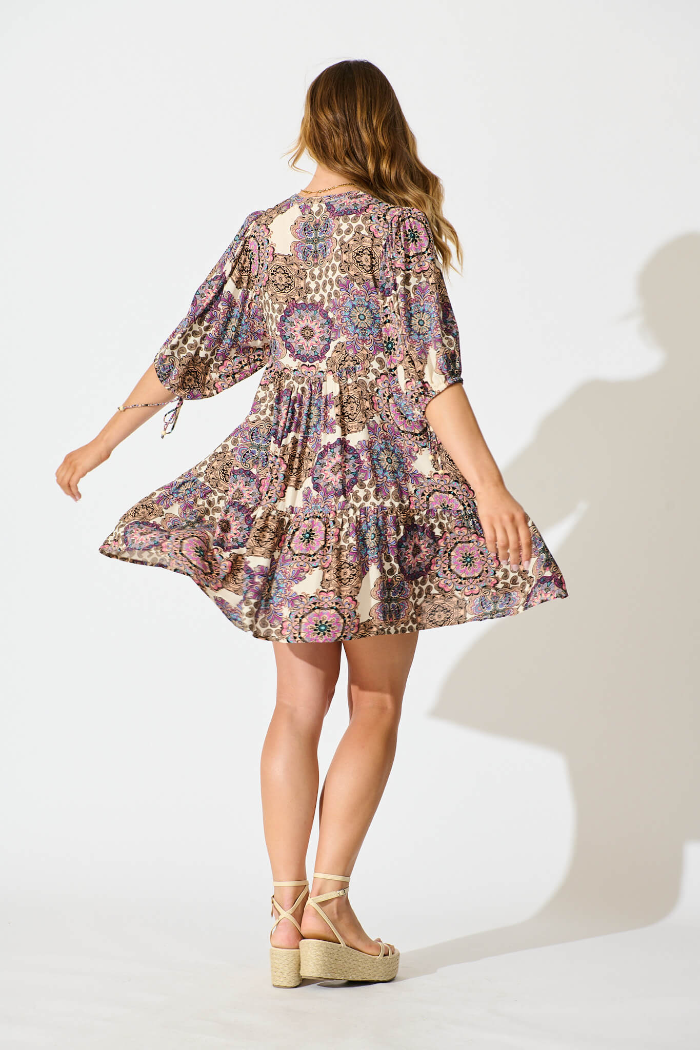 Emelyn Smock Dress In Cream With Purple Paisley - Image 4