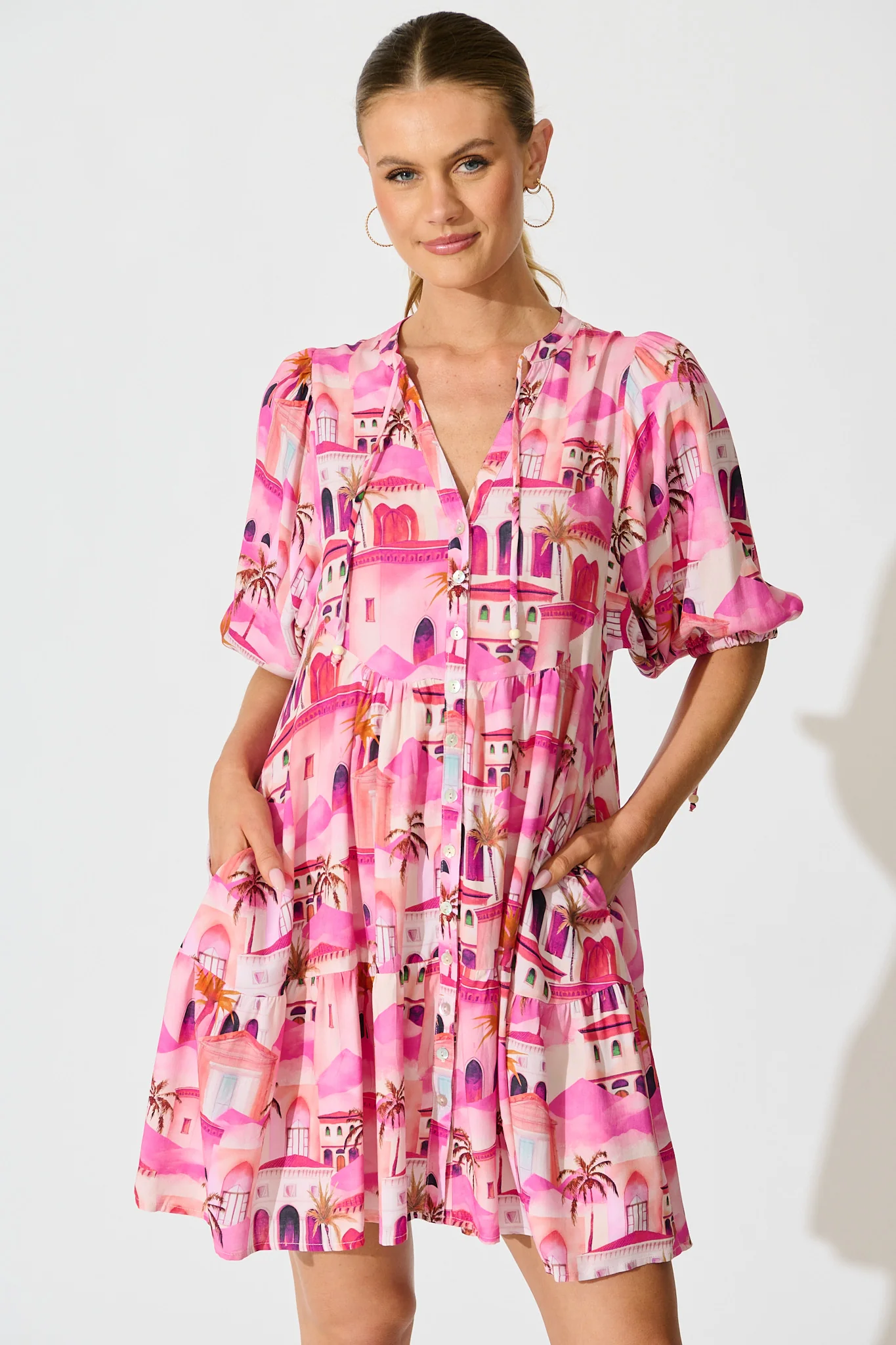 Emelyn Smock Dress in Pink Resort Print - Image 2