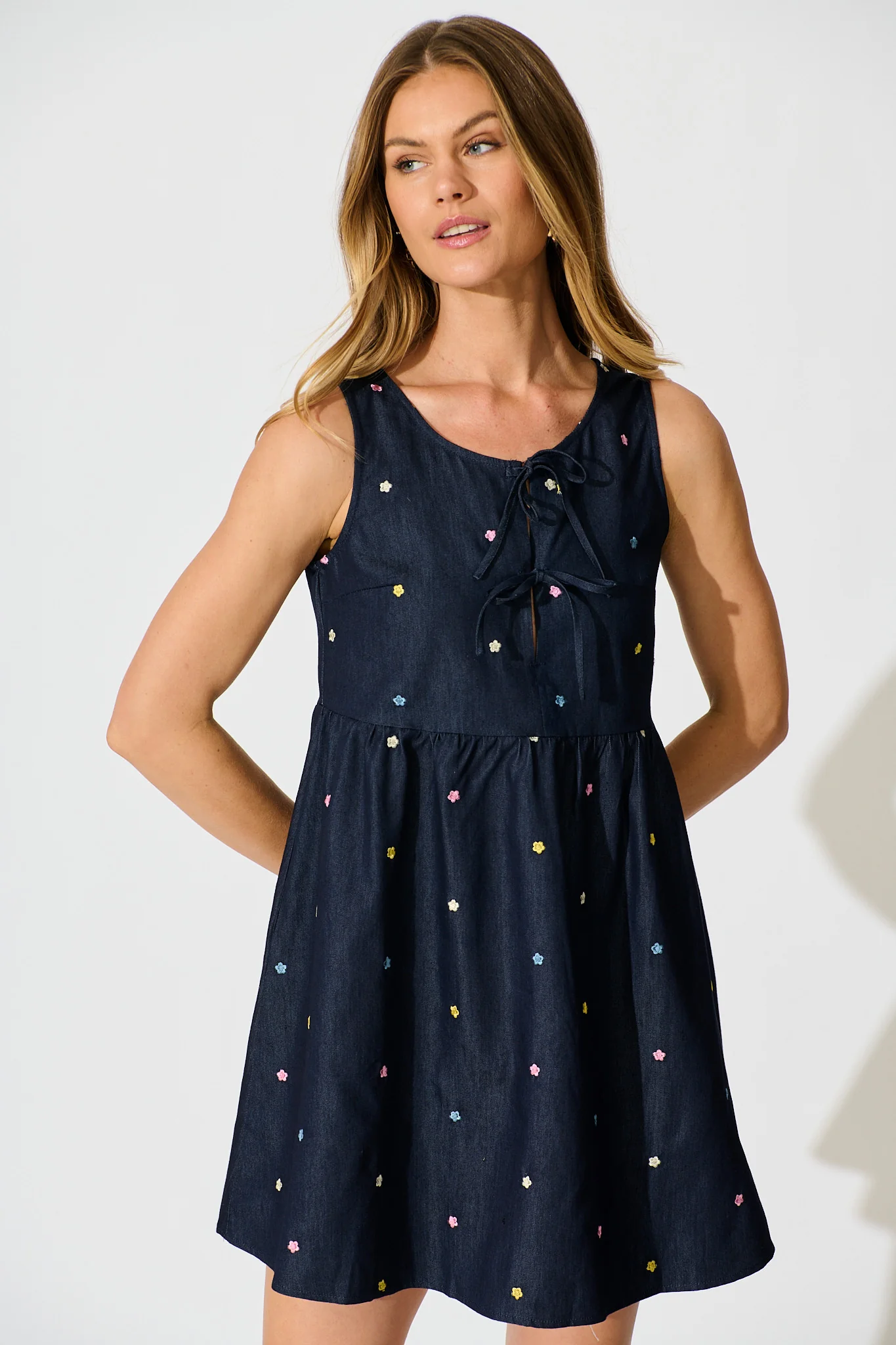 Emika Tie Front Dress in Dark Navy Multi Floral Embroidery Cotton Blend - Image 2