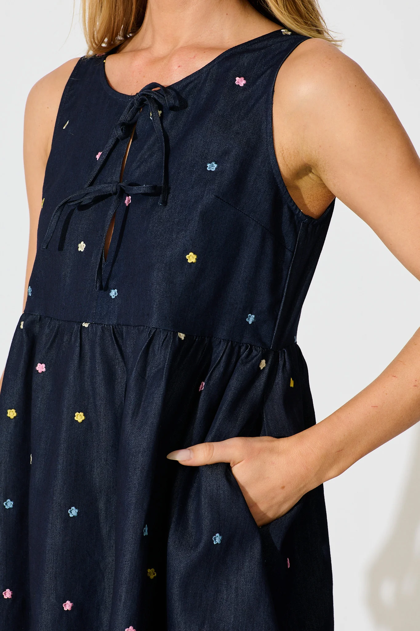Emika Tie Front Dress in Dark Navy Multi Floral Embroidery Cotton Blend - Image 5