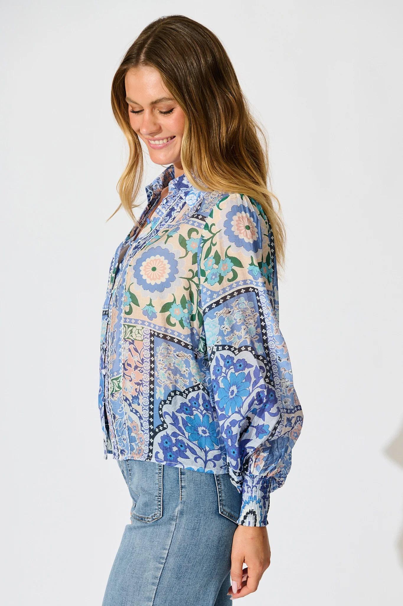 Emma Shirt in Multi Blue Cotton Blend - Image 2