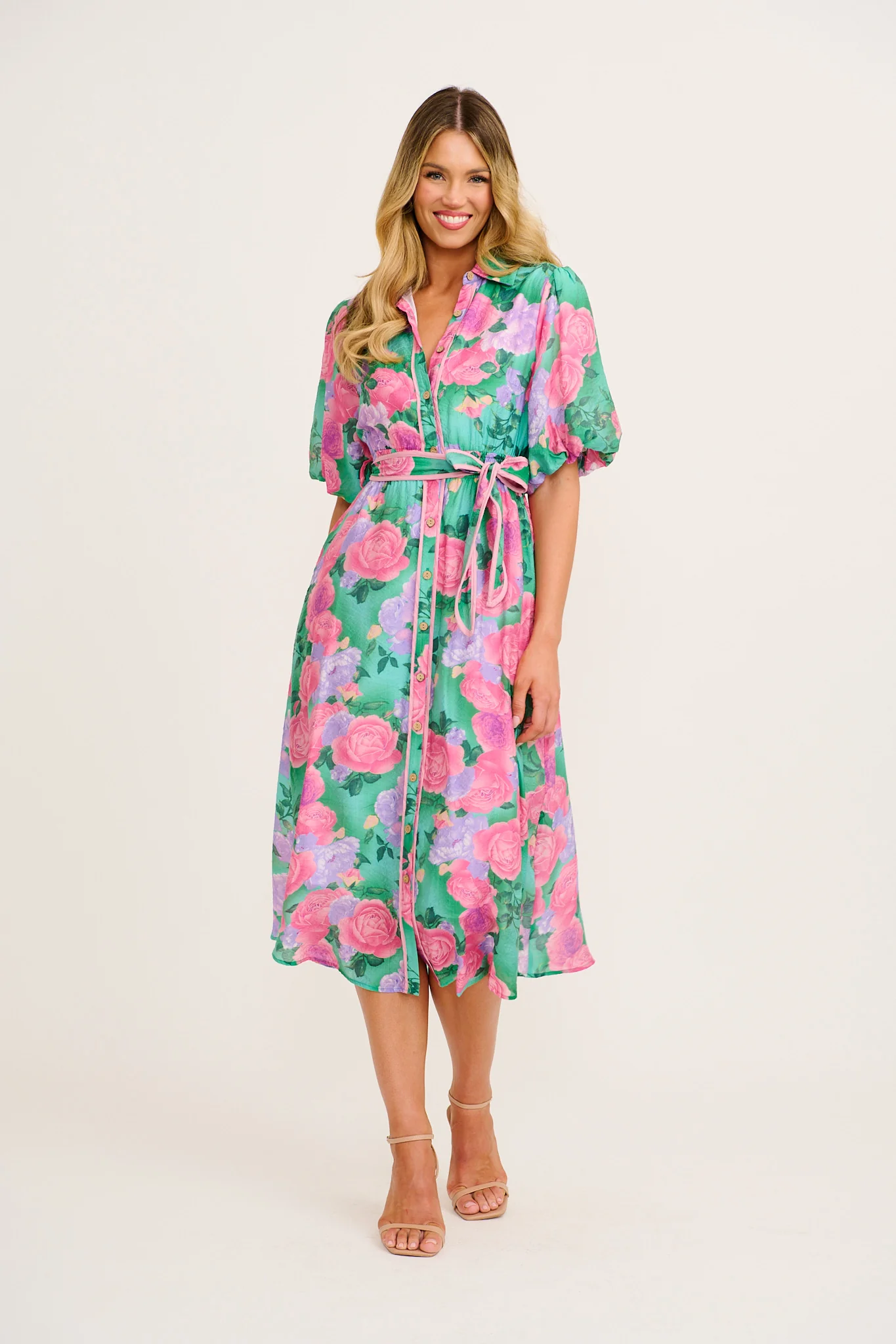 Enchanted Hour Midi Shirt Dress in Green Multi Floral Cotton Blend