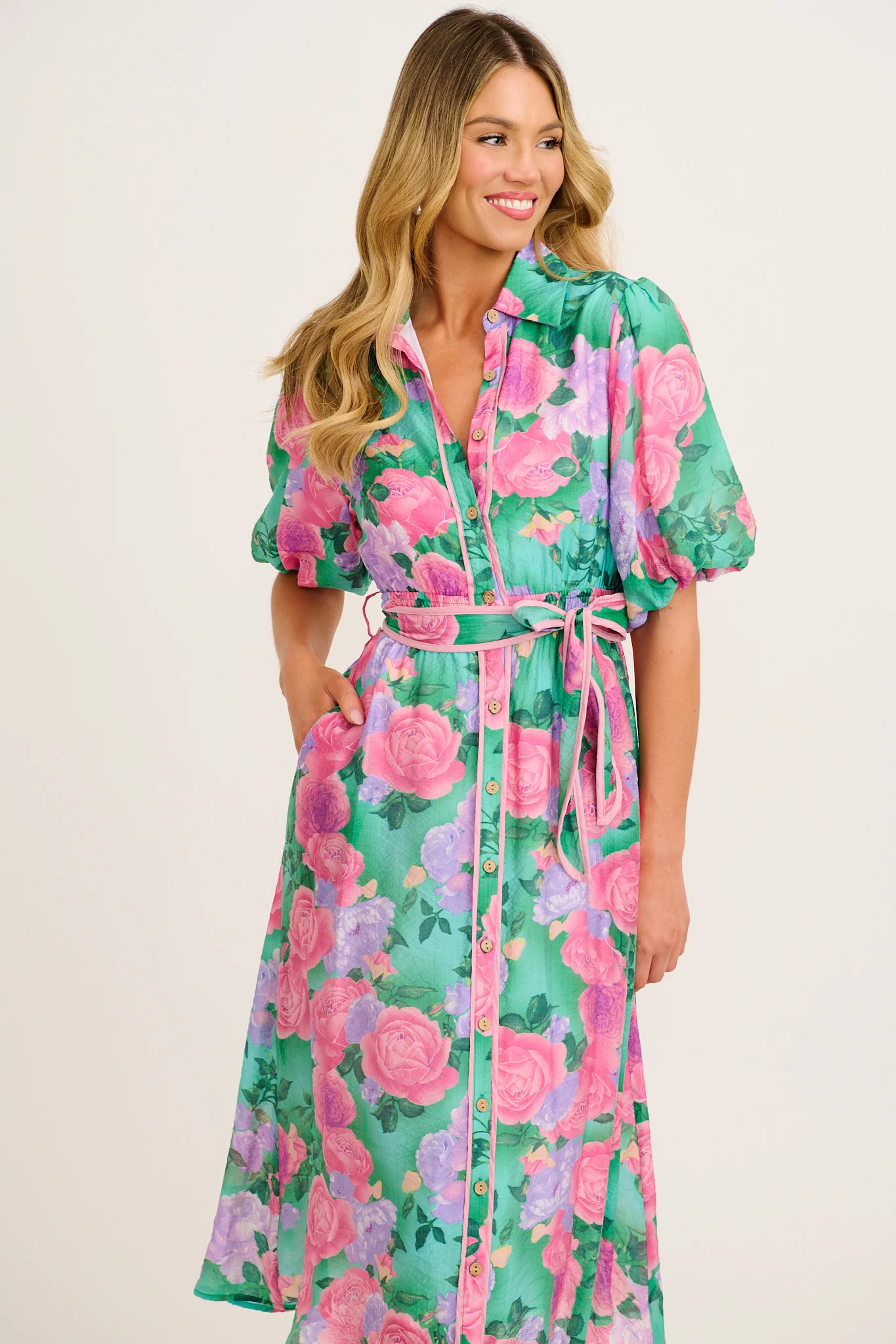 Enchanted Hour Midi Shirt Dress in Green Multi Floral Cotton Blend - Image 2