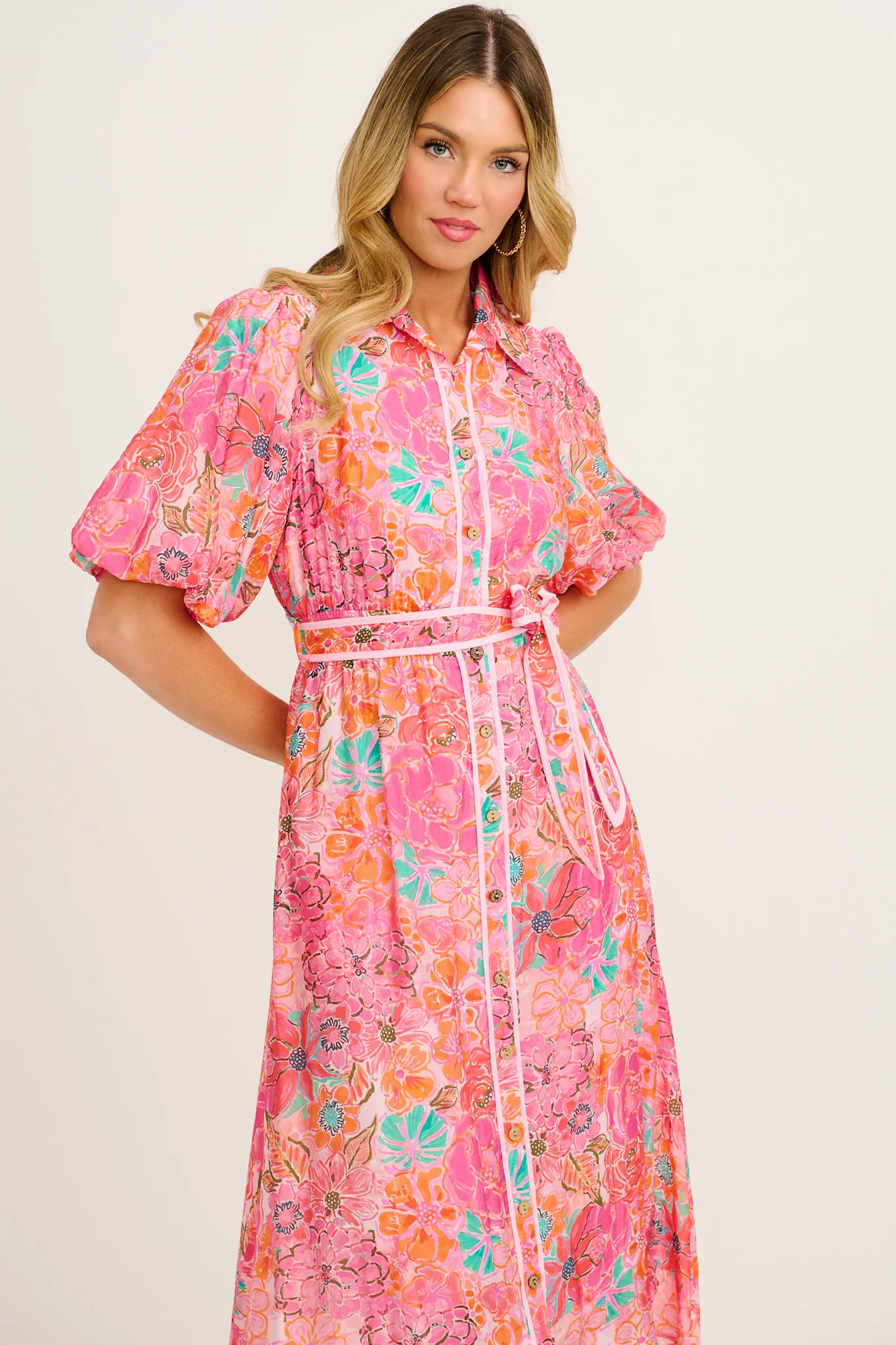 Enchanted Hour Midi Shirt Dress in Pink Floral Cotton Blend - Image 2