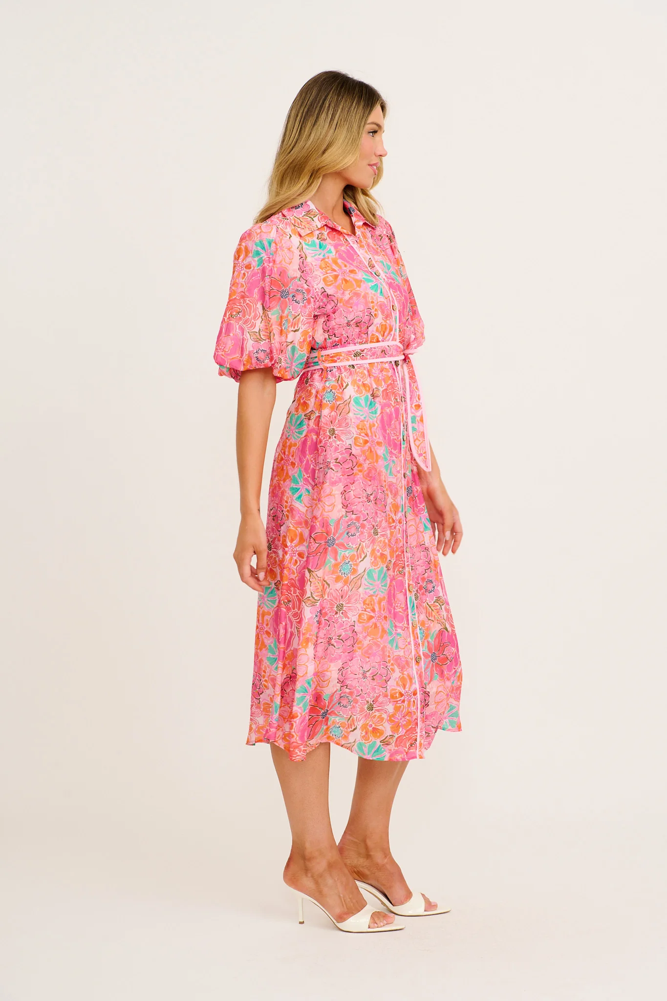 Enchanted Hour Midi Shirt Dress in Pink Floral Cotton Blend - Image 3