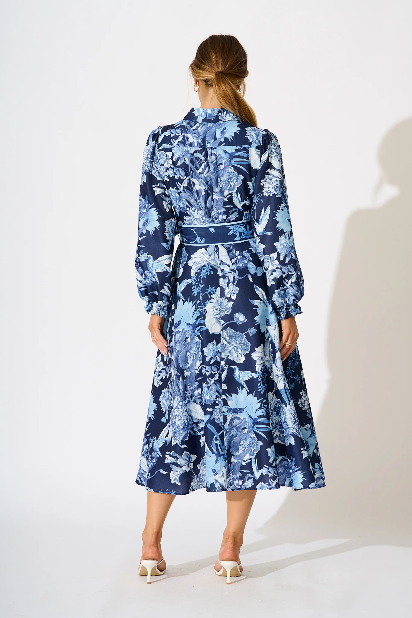 Enchanted Wave Maxi Shirt Dress in Navy with Blue Floral Linen Blend - Image 8