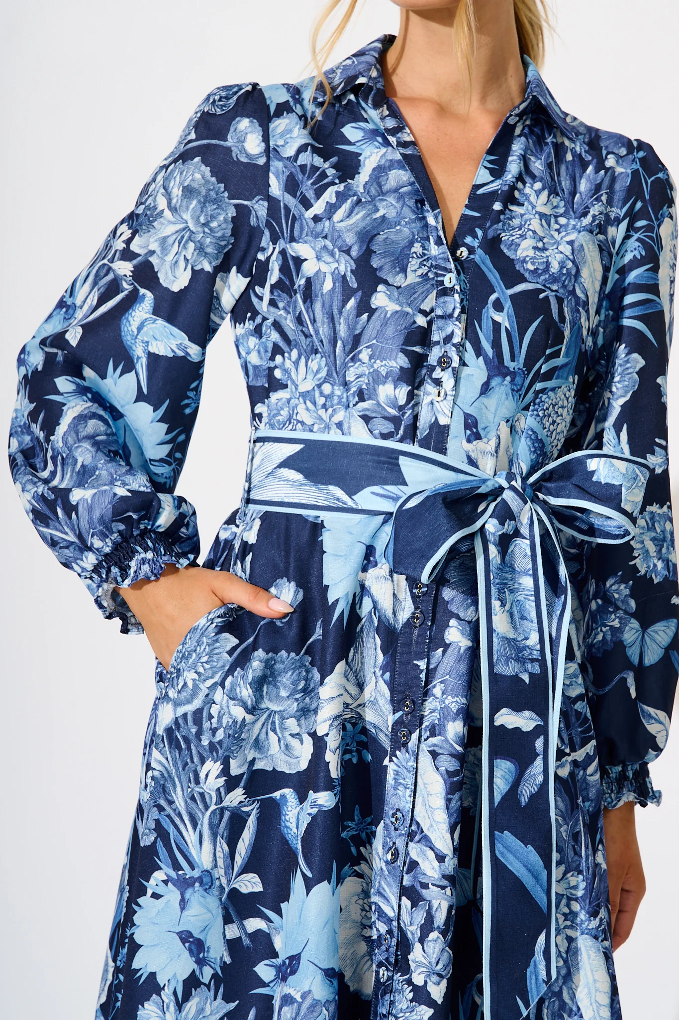 Enchanted Wave Maxi Shirt Dress in Navy with Blue Floral Linen Blend - Image 9
