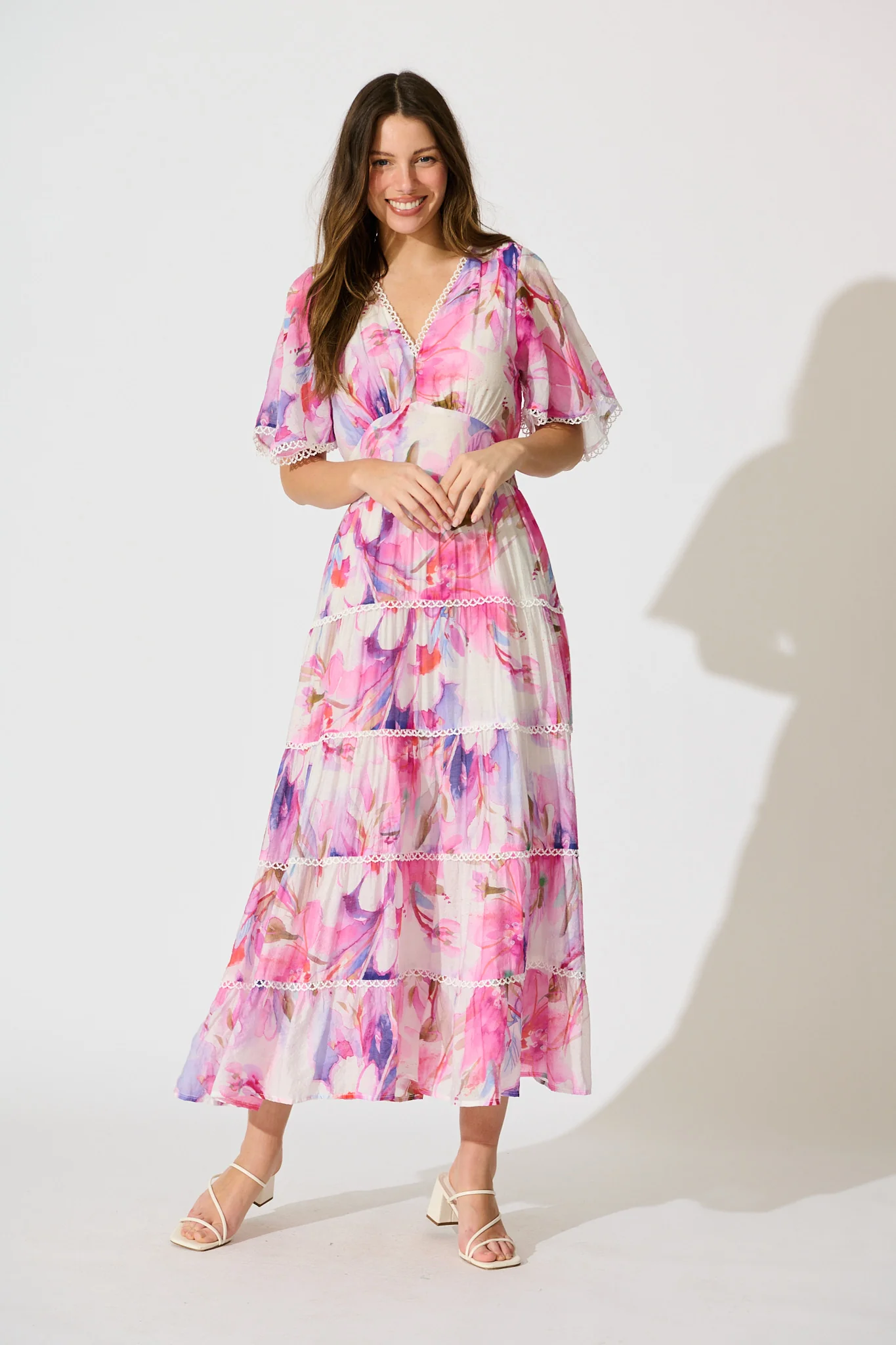 Enrika Maxi Dress in White with Pink Watercolour