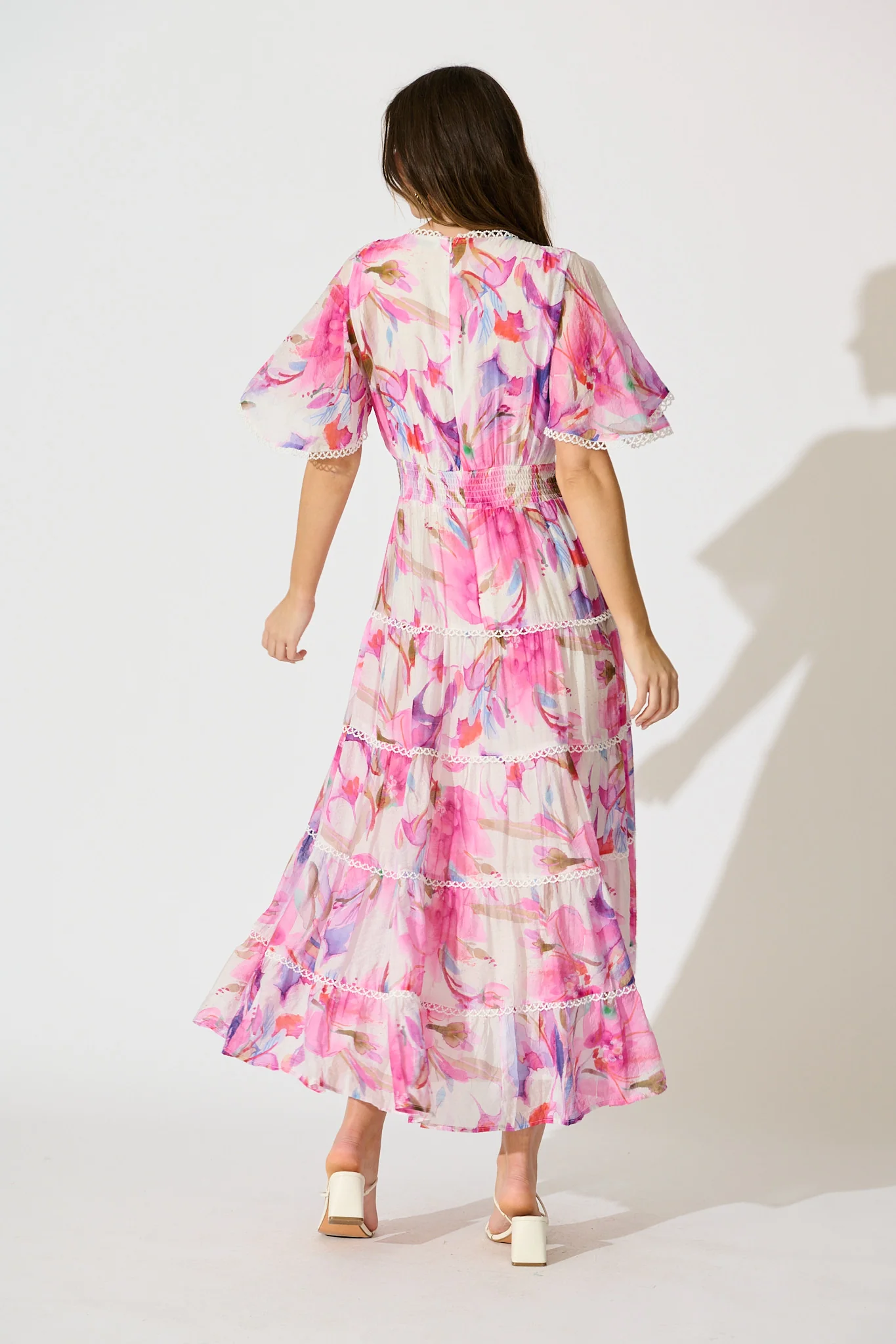 Enrika Maxi Dress in White with Pink Watercolour - Image 4