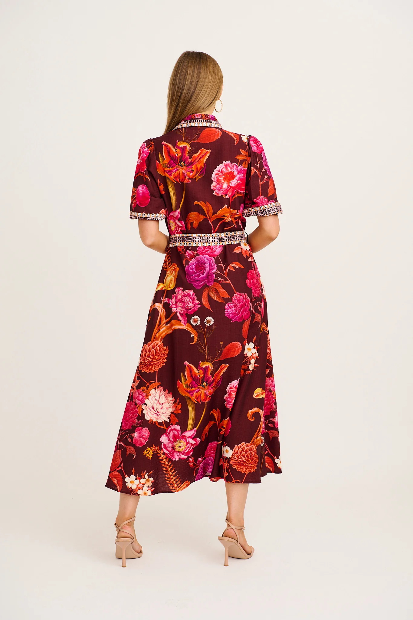 Enthusiast Maxi Shirt Dress in Wine Multi Floral Print Linen Blend - Image 4