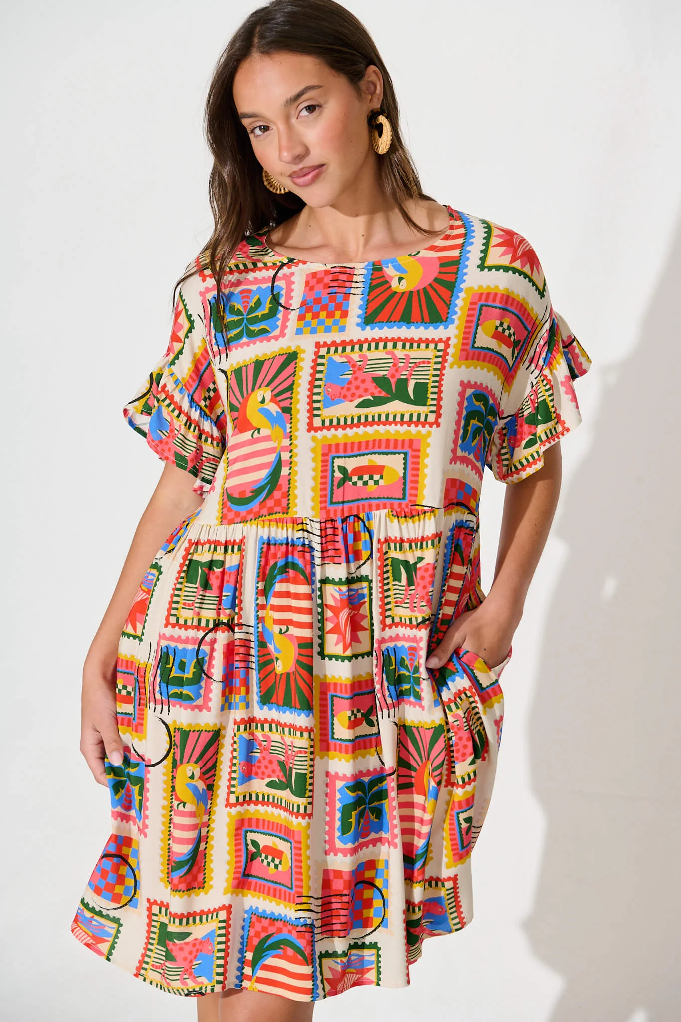 Escape Smock Dress In Bright Multi Postcard Print - Image 2