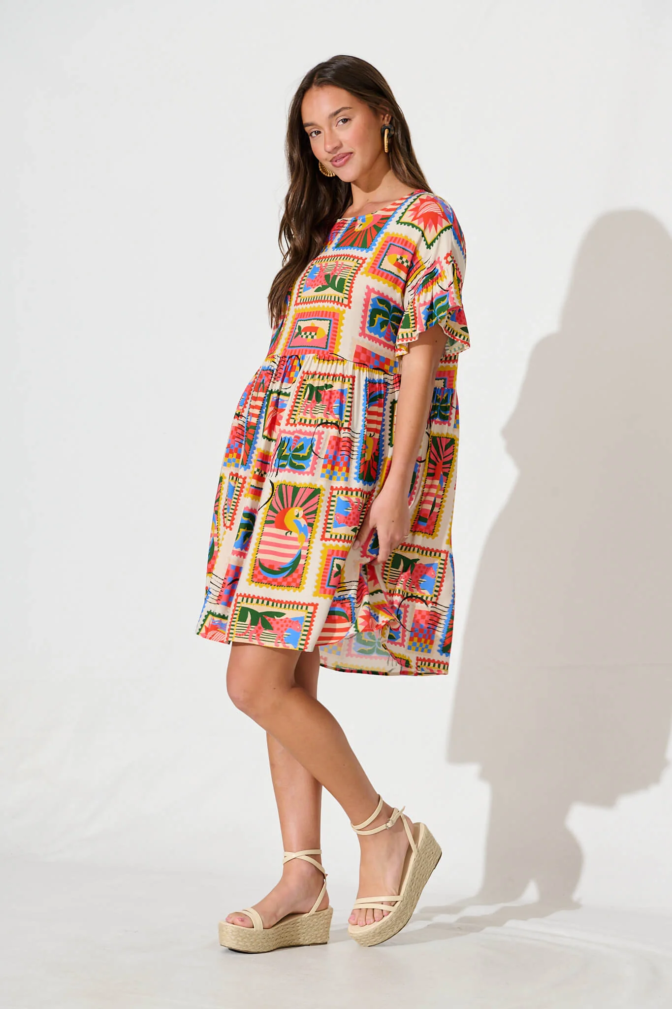 Escape Smock Dress In Bright Multi Postcard Print - Image 3