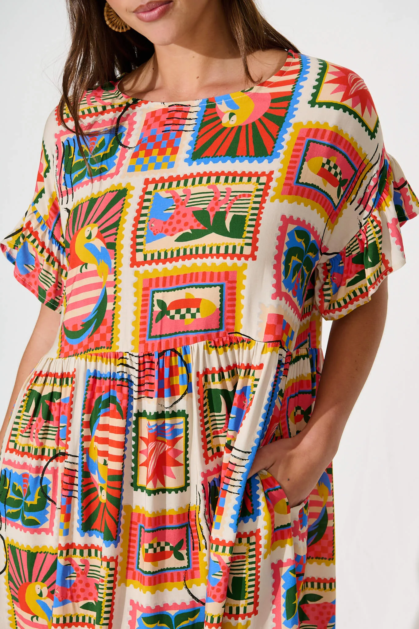 Escape Smock Dress In Bright Multi Postcard Print - Image 5