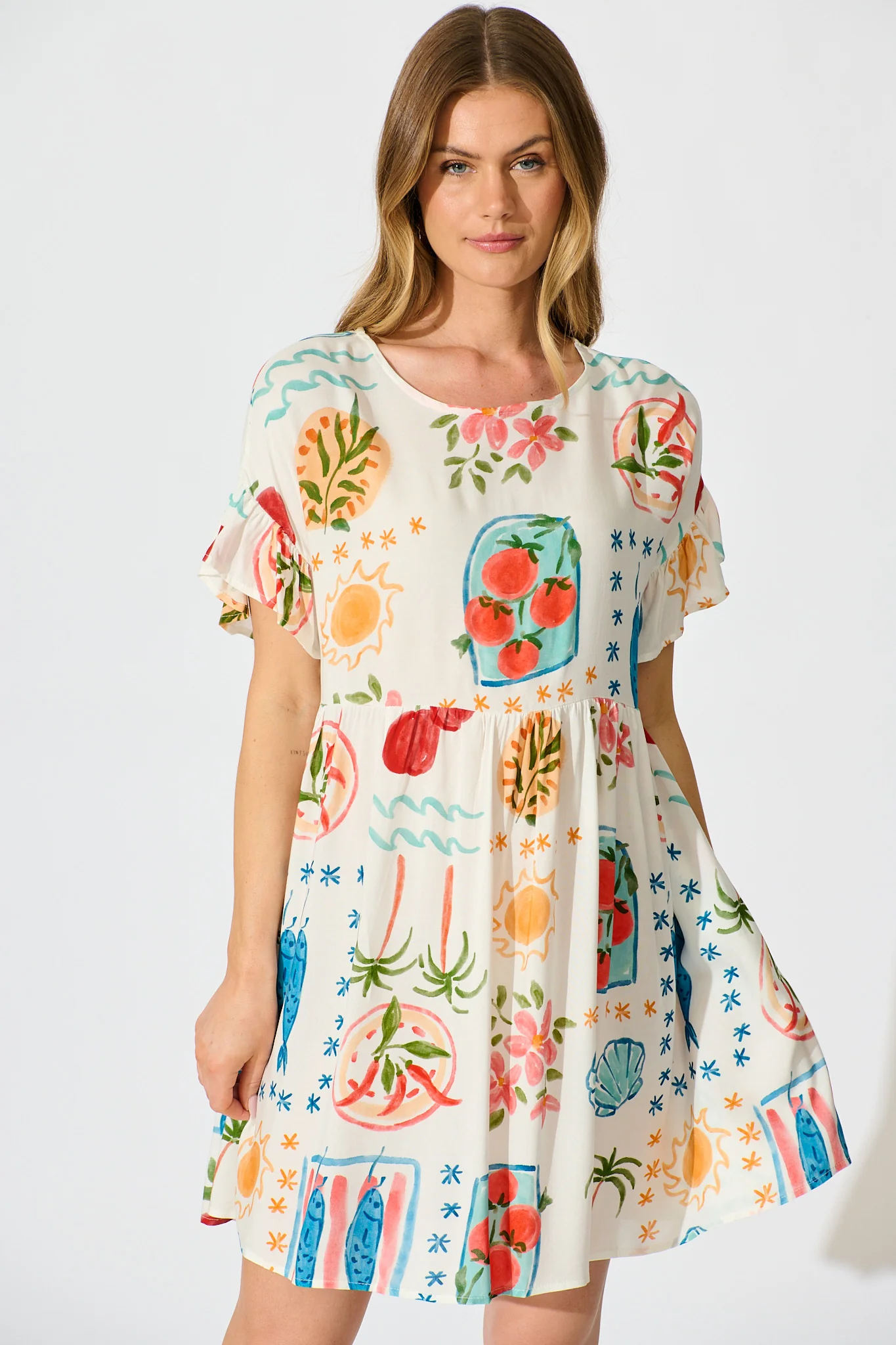 Escape Smock Dress in Cream with Multi Conversational Print - Image 2