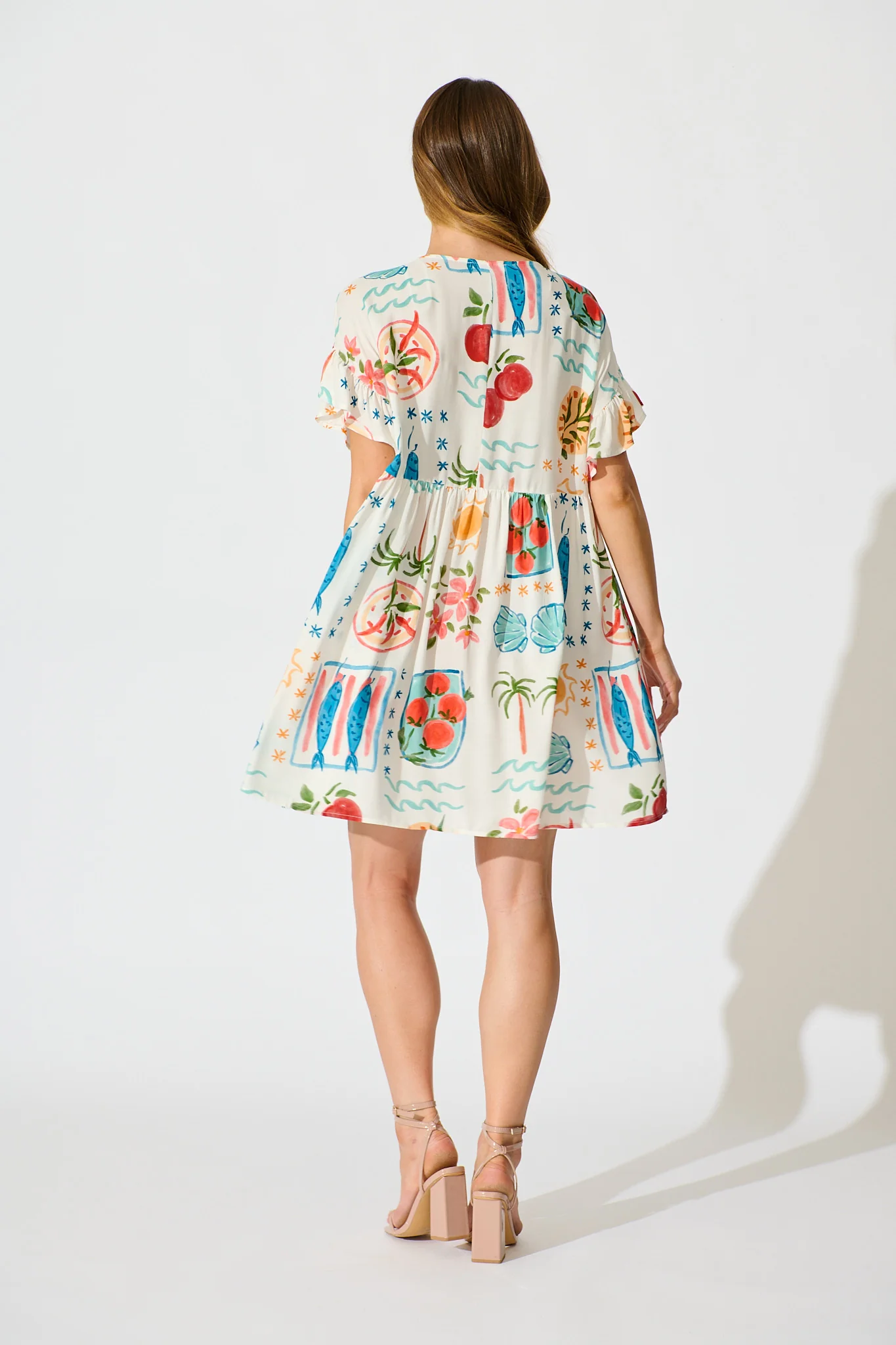 Escape Smock Dress in Cream with Multi Conversational Print - Image 4