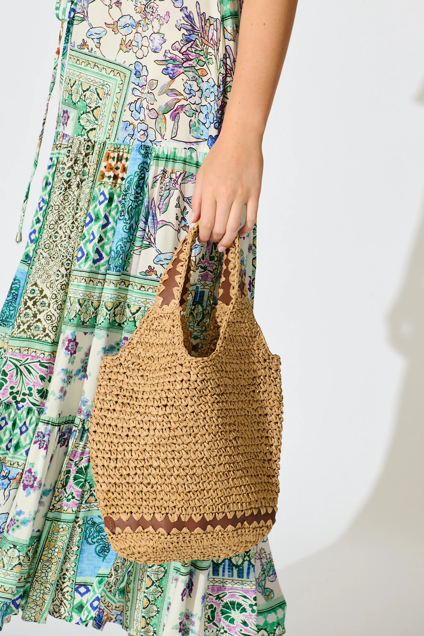 Esme Woven Bag in Natural with Pattern Trim - Image 3
