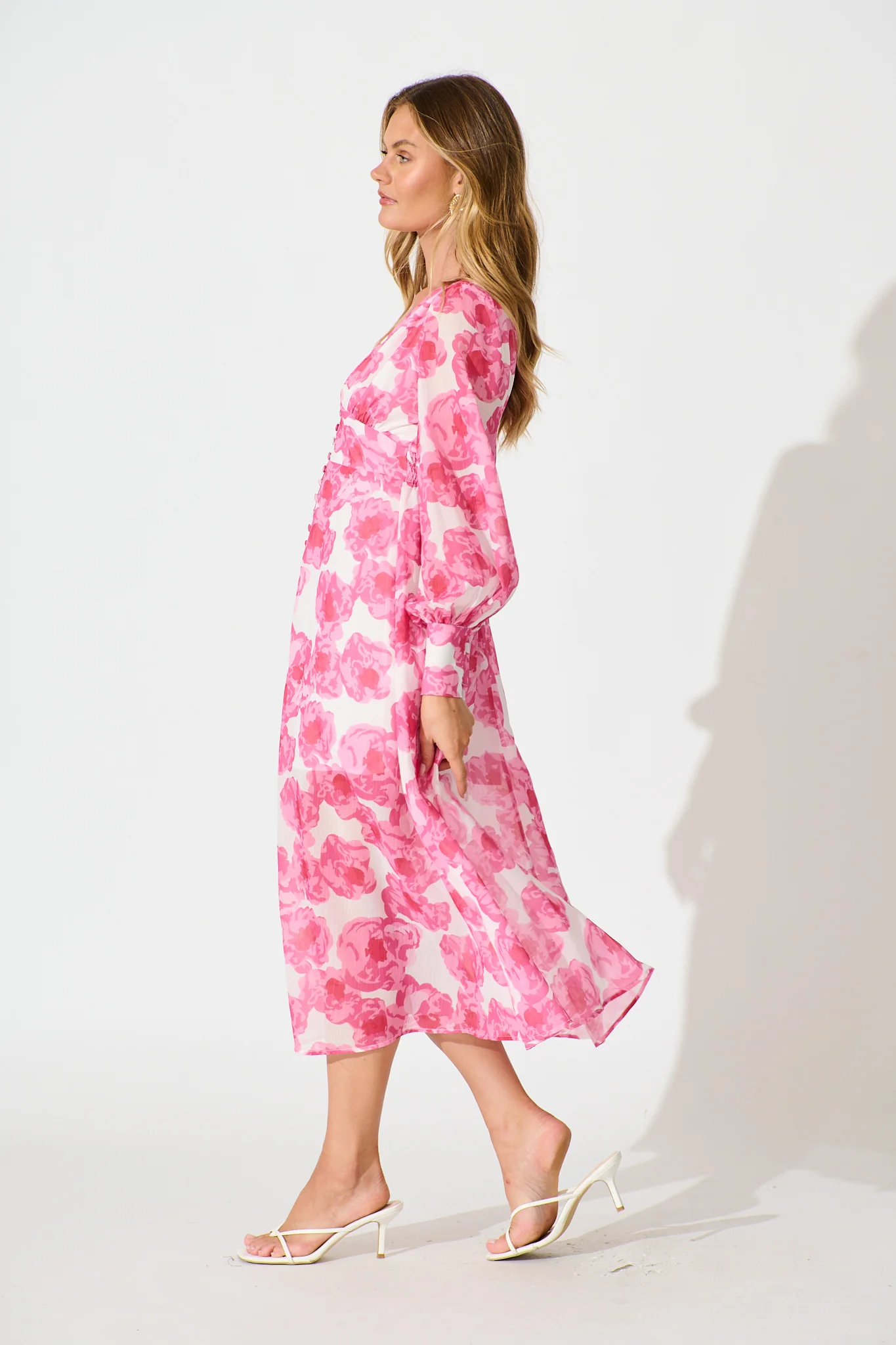 Essence Midi Dress in White with Pink Floral - Image 3