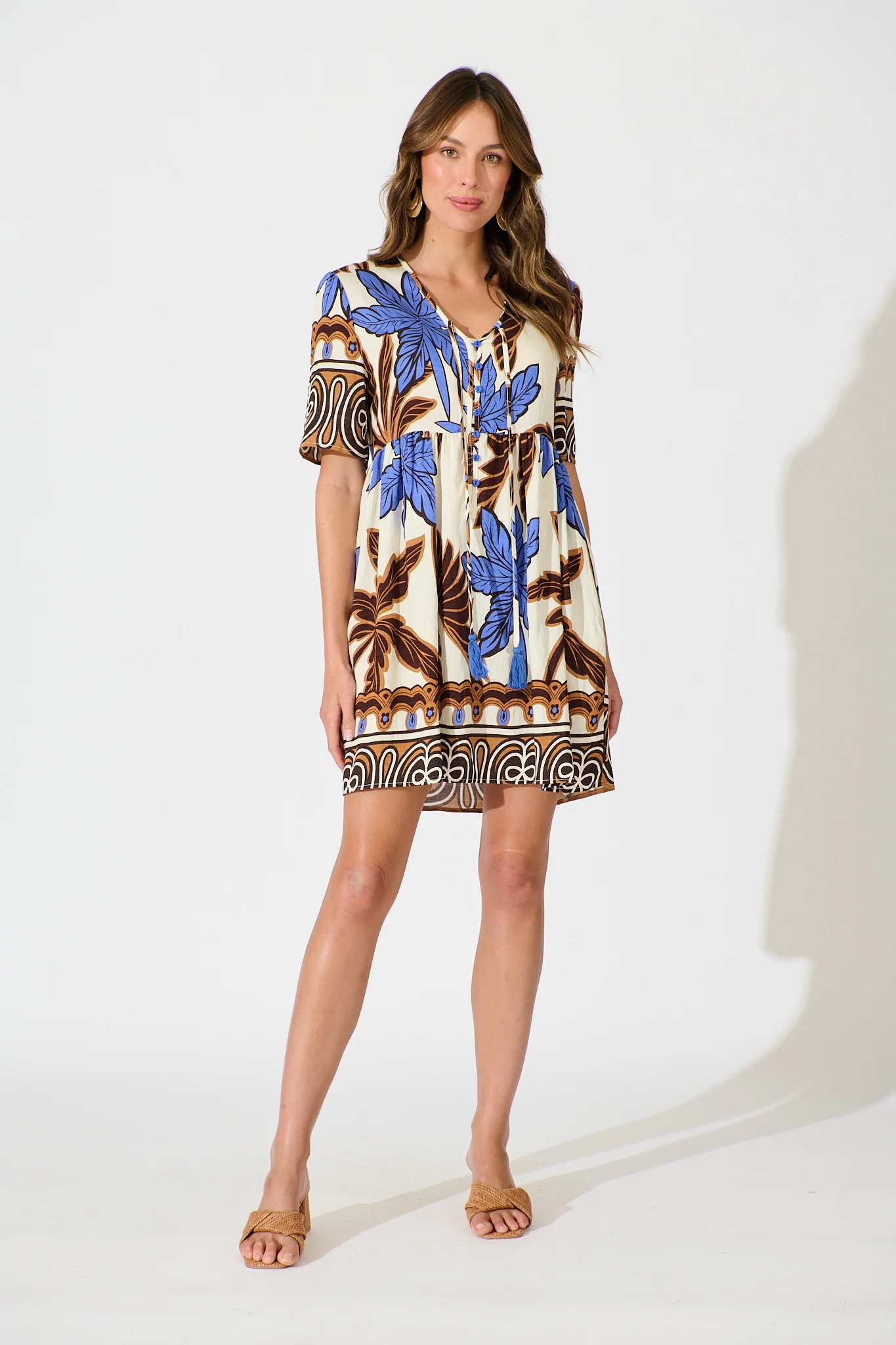 Essia Smock Dress in Blue with Brown Leaf Print Linen Blend - Image 3