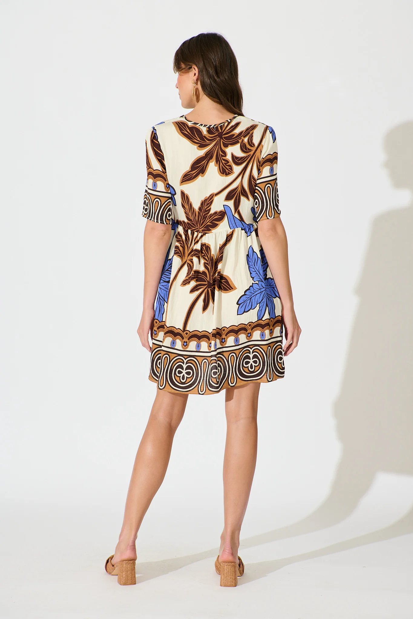 Essia Smock Dress in Blue with Brown Leaf Print Linen Blend - Image 6