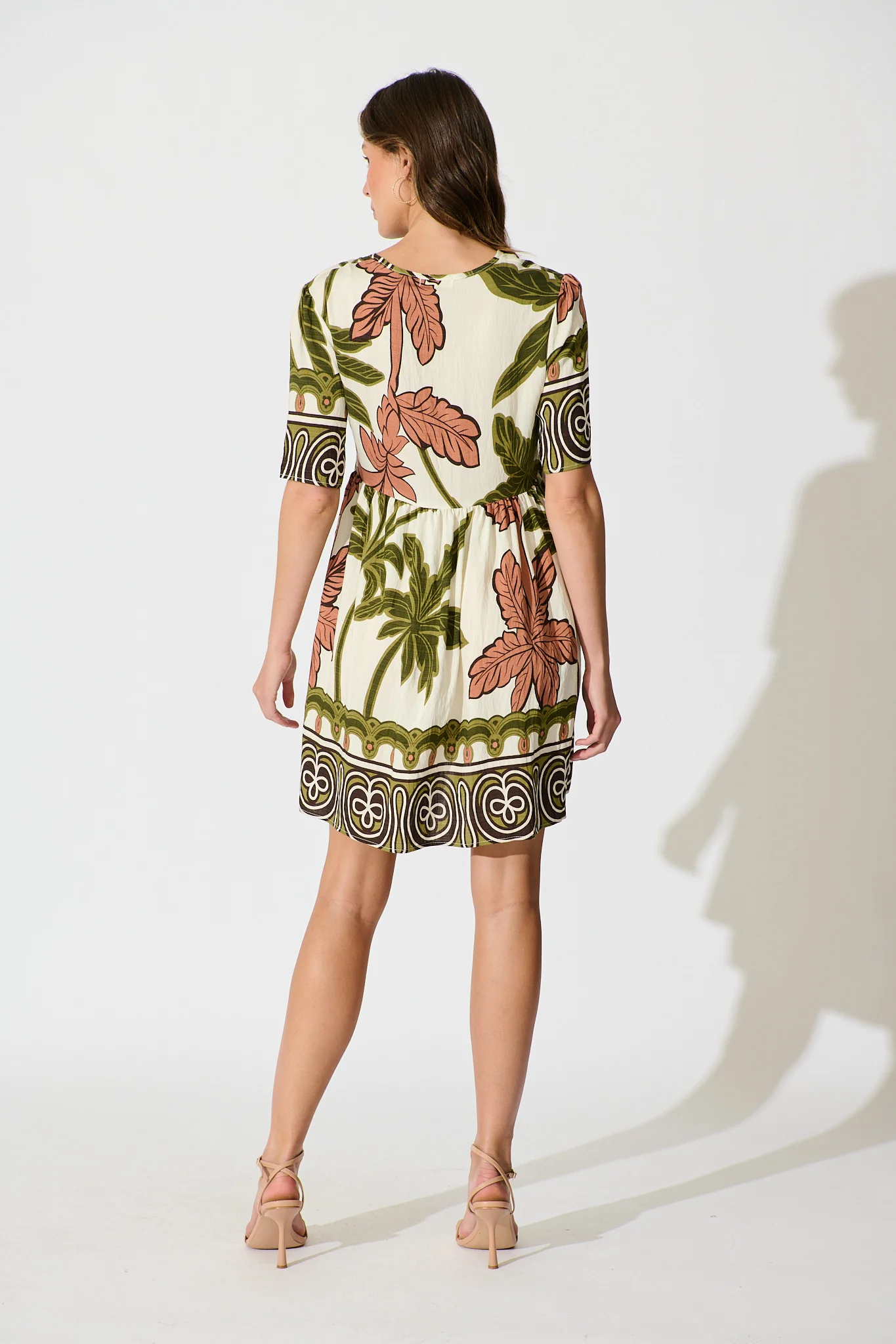 Essia Smock Dress in Green with Brown Leaf Print Linen Blend - Image 6