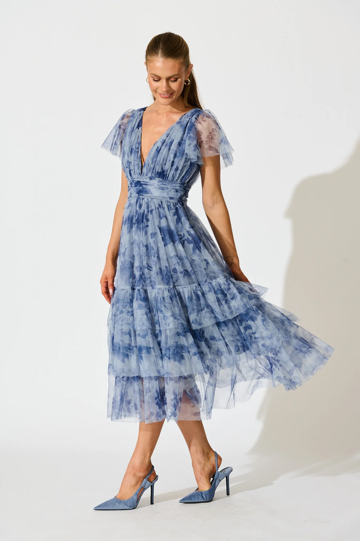 Ethereal Sky Midi Dress in Blue with Navy Floral Tulle - Image 8