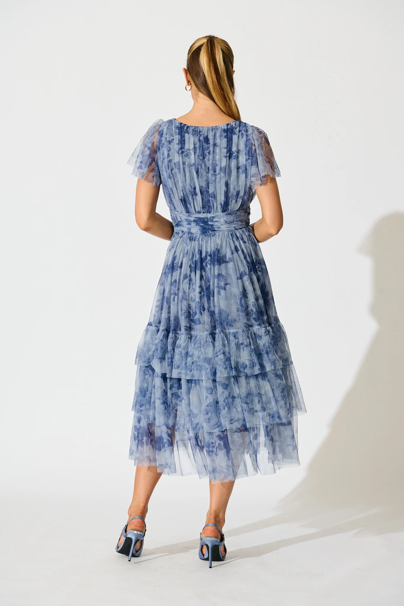 Ethereal Sky Midi Dress in Blue with Navy Floral Tulle - Image 9