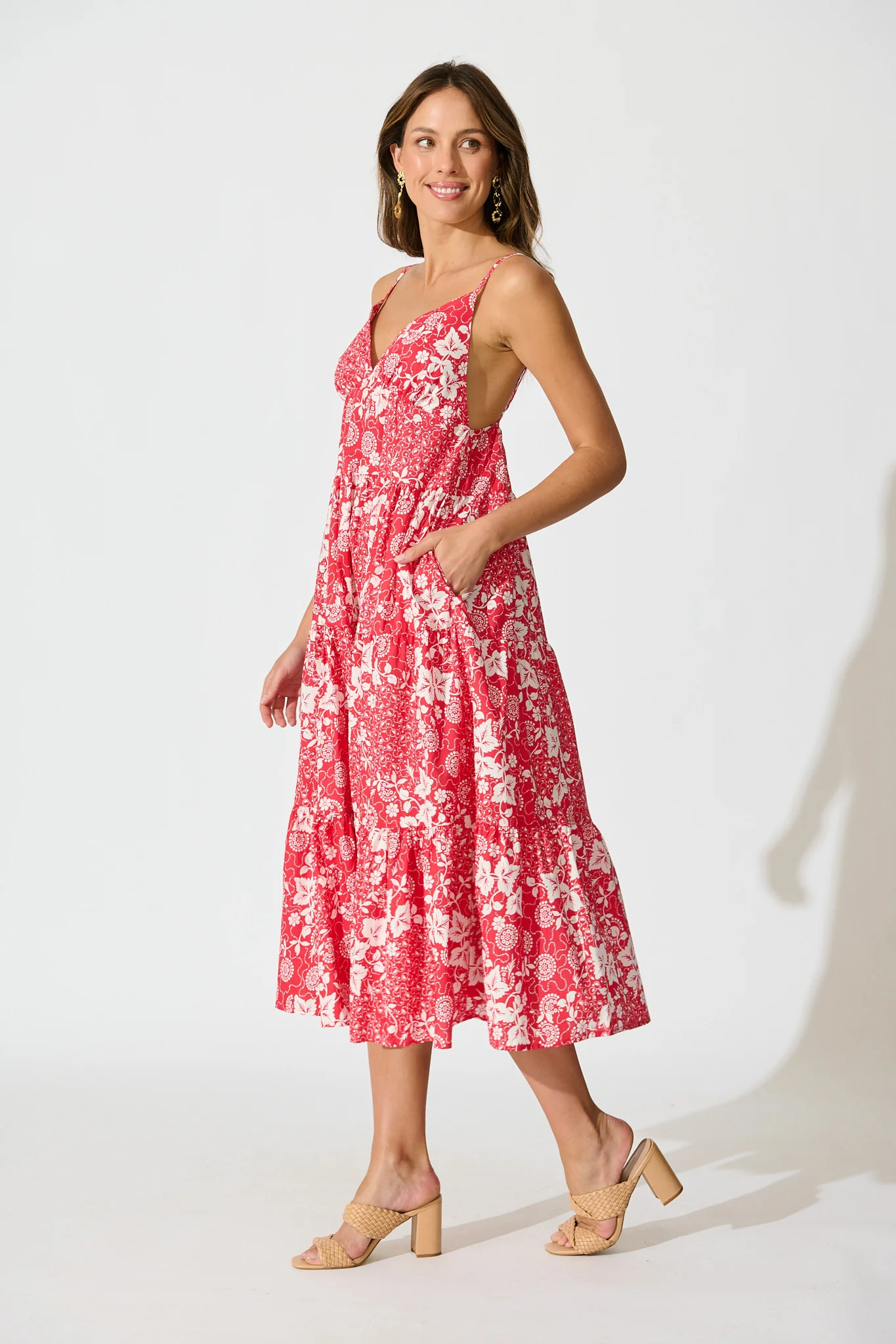 Evangelina Maxi Sundress in Red with White Floral Cotton - Image 3