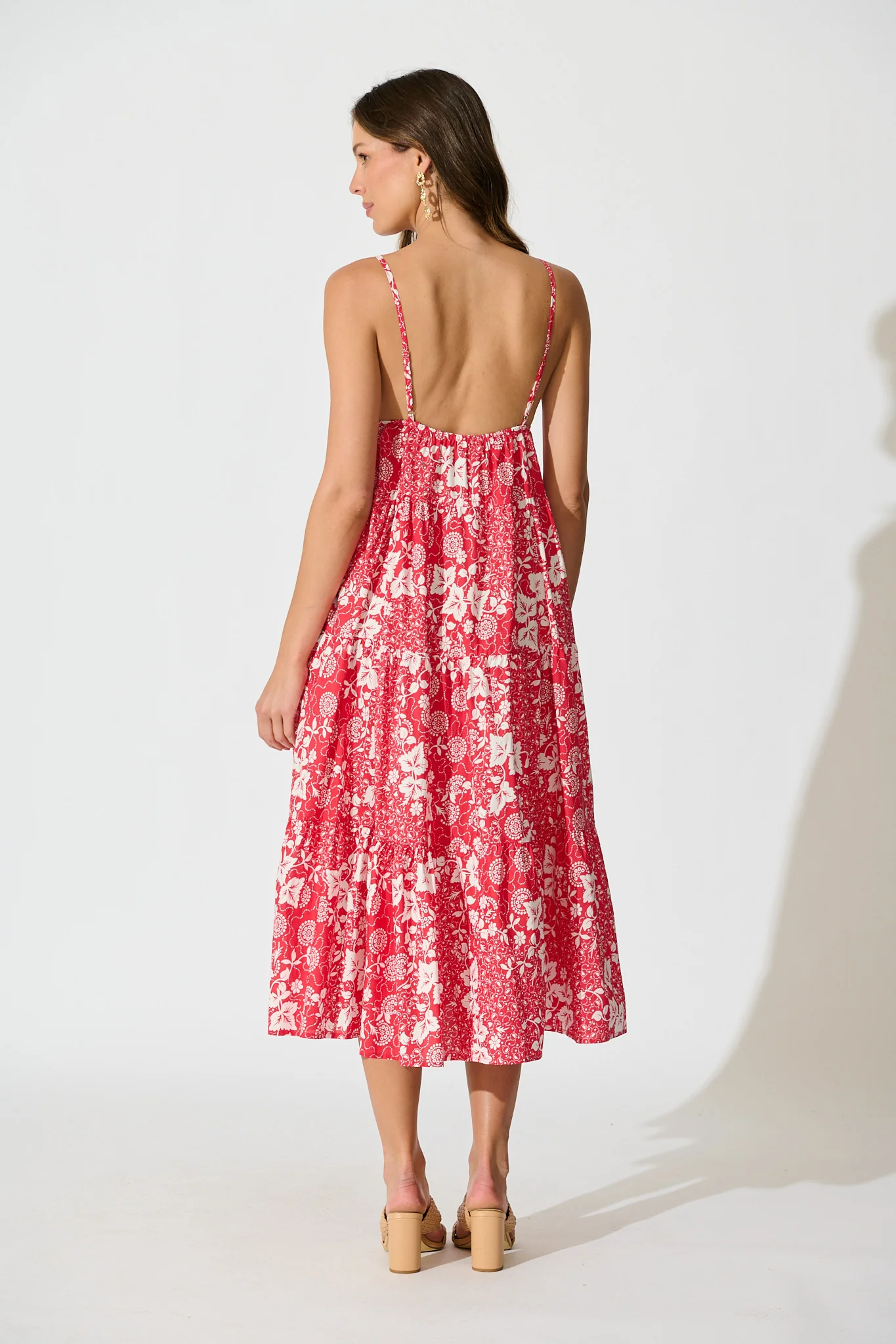 Evangelina Maxi Sundress in Red with White Floral Cotton - Image 4