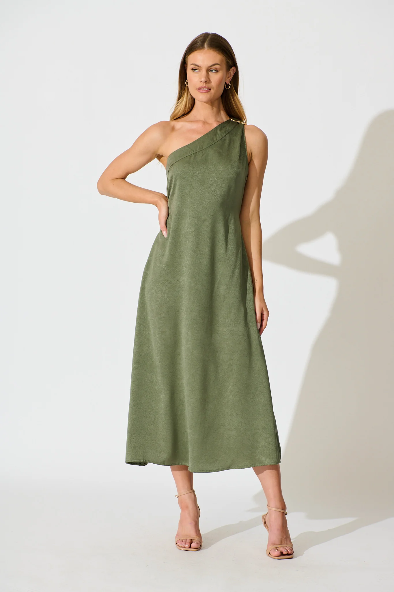 Evanna One Shoulder Maxi Dress in Sage Satin - Image 3