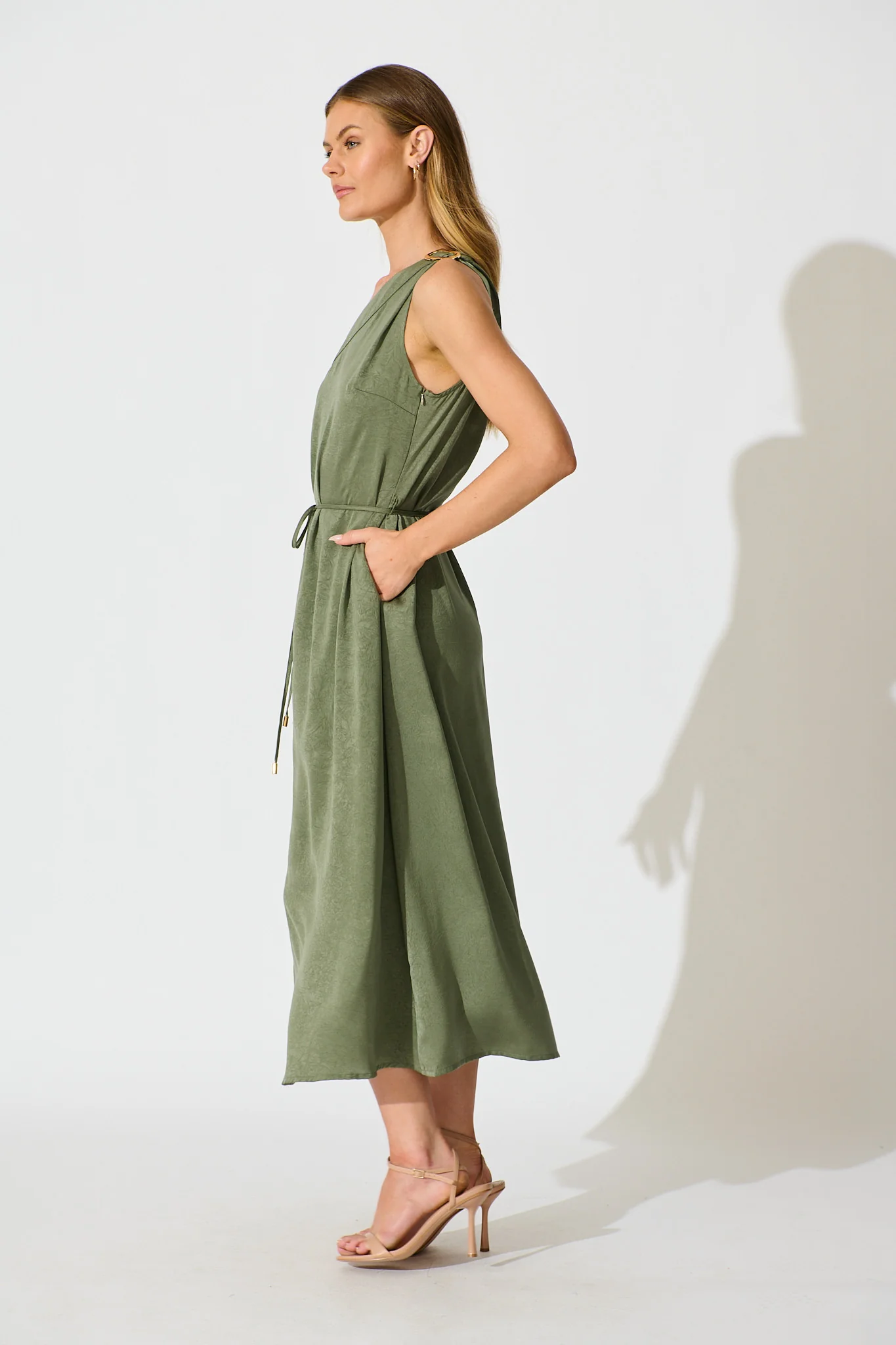 Evanna One Shoulder Maxi Dress in Sage Satin - Image 4