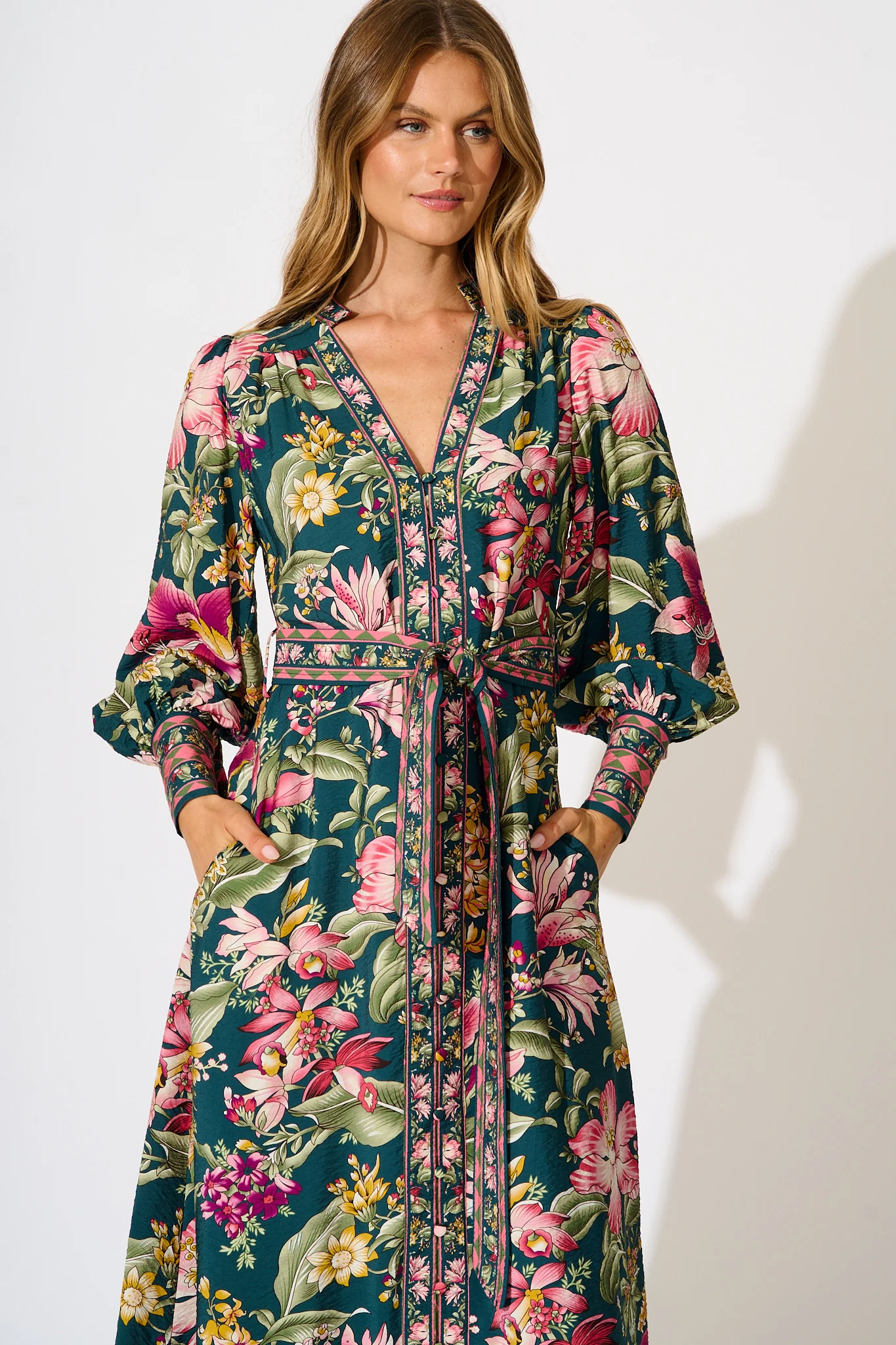 Evelina Midi Dress in Green with Multi Floral - Image 2