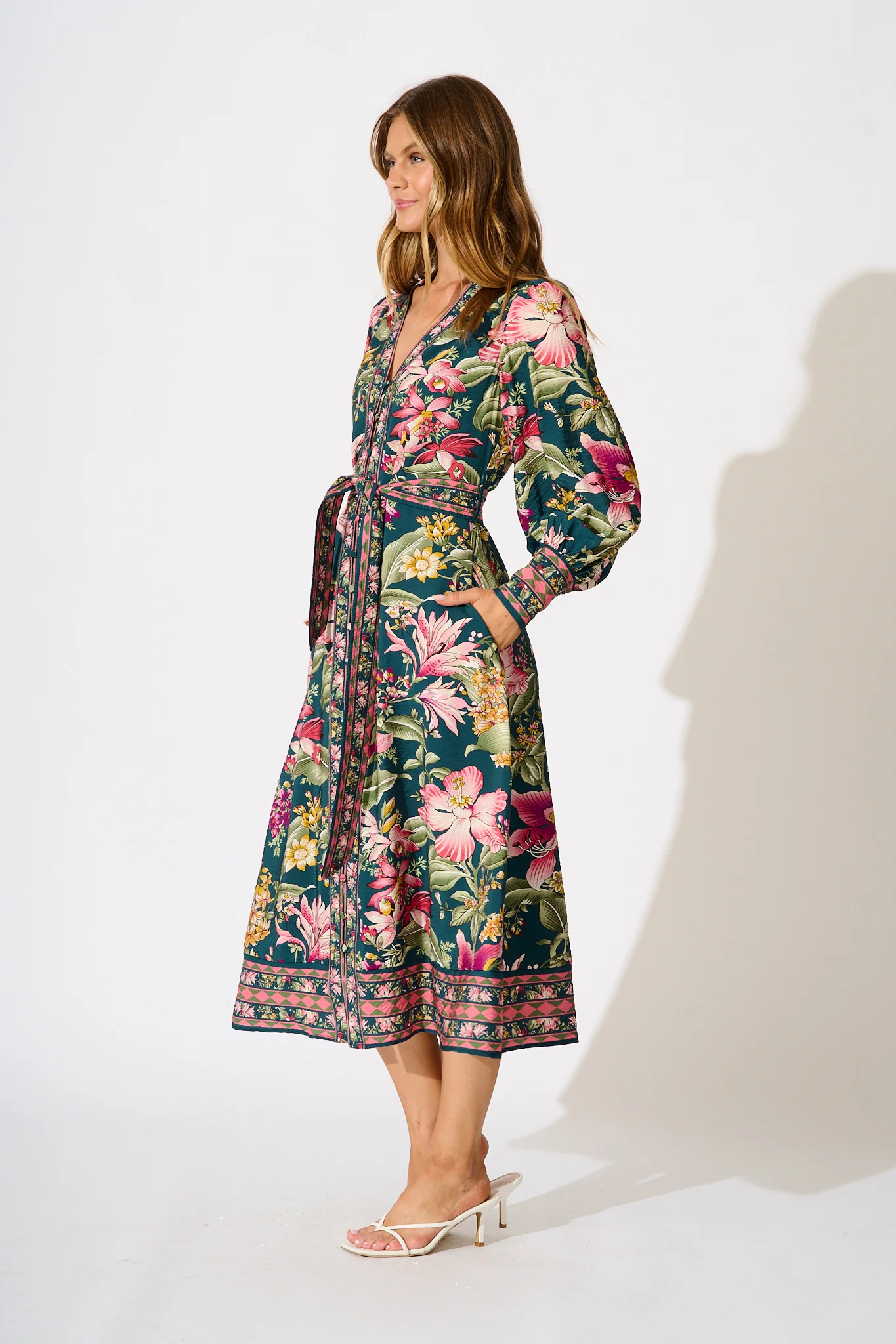 Evelina Midi Dress in Green with Multi Floral - Image 3