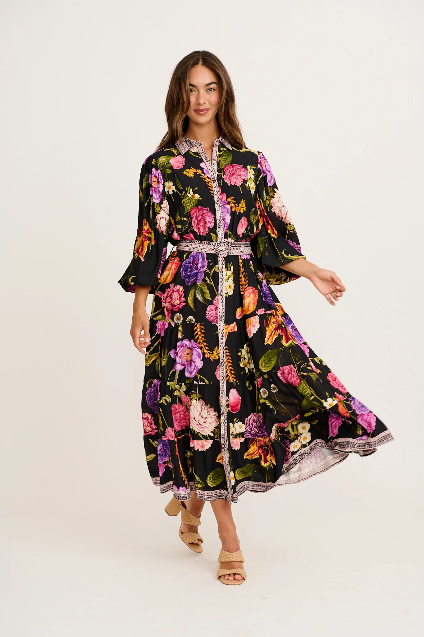 Evening Serenade Maxi Dress in Black with Multi Floral - Image 3