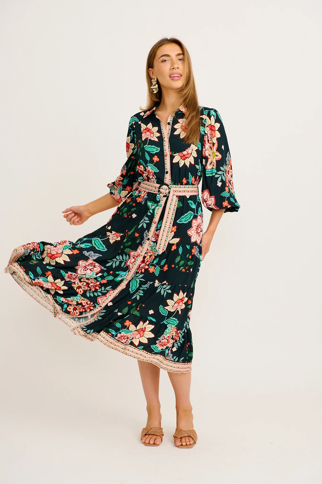 Evening Serenade Midi Shirt Dress in Emerald with Multi Floral