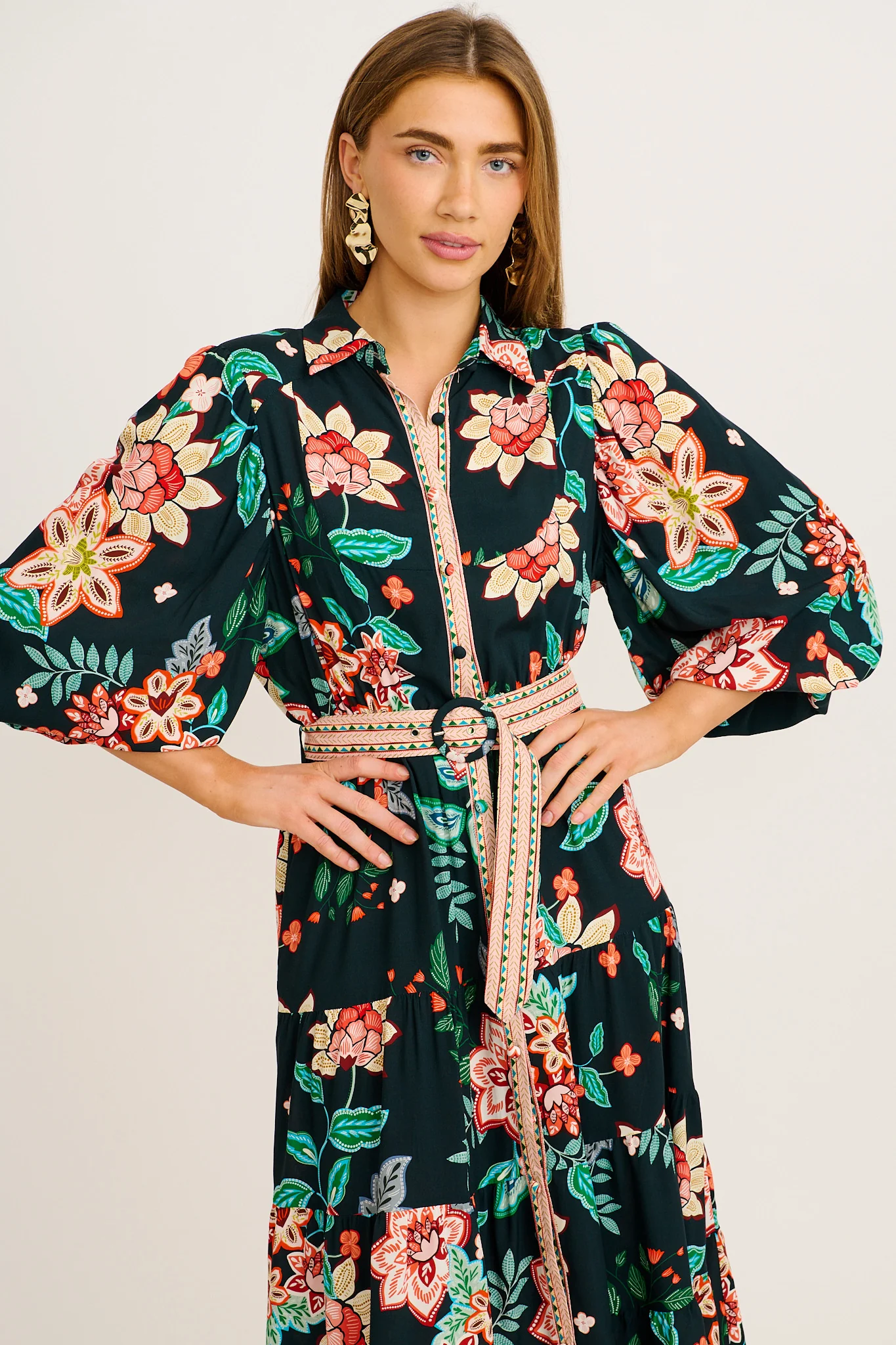 Evening Serenade Midi Shirt Dress in Emerald with Multi Floral - Image 2