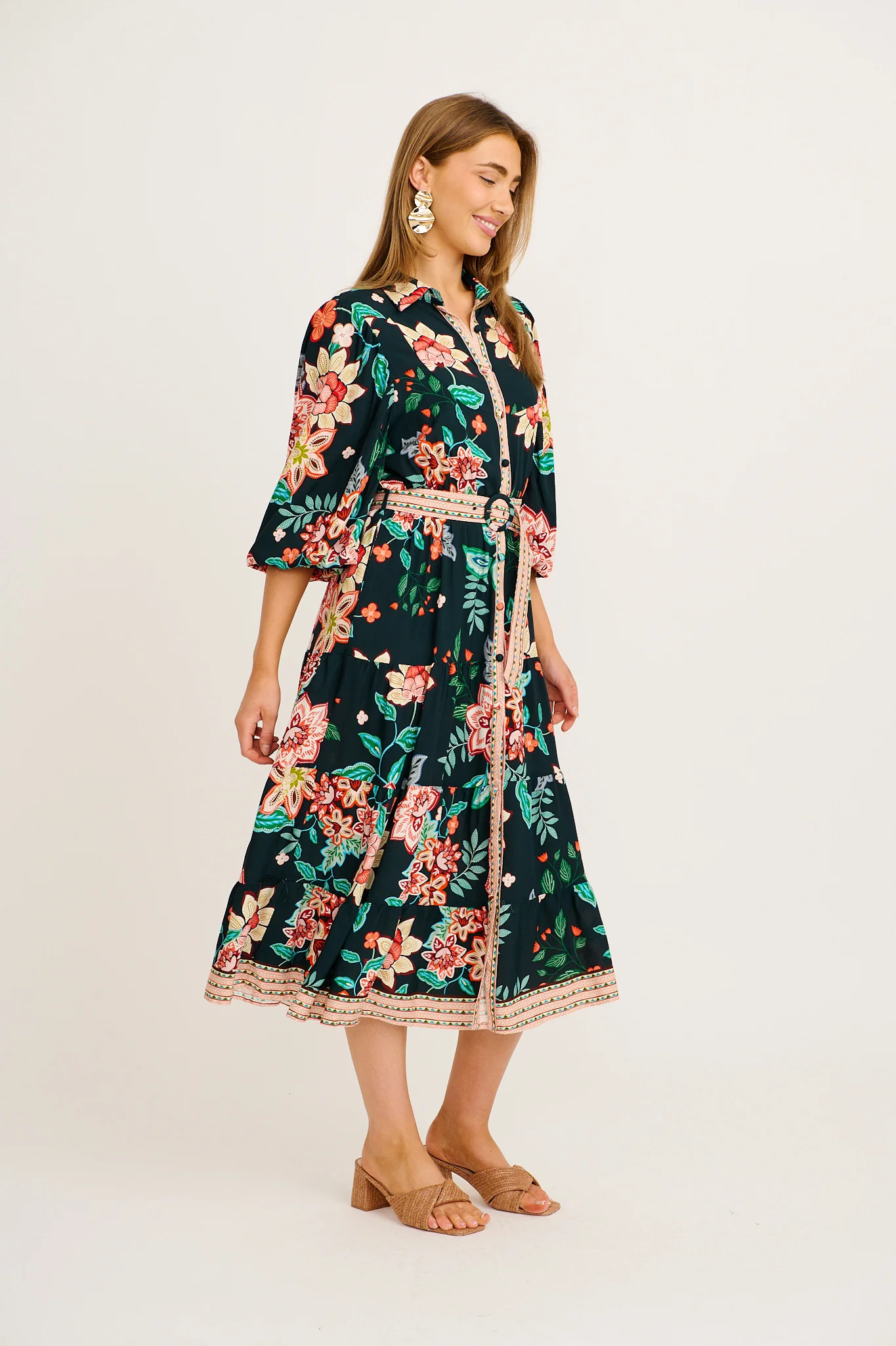 Evening Serenade Midi Shirt Dress in Emerald with Multi Floral - Image 3
