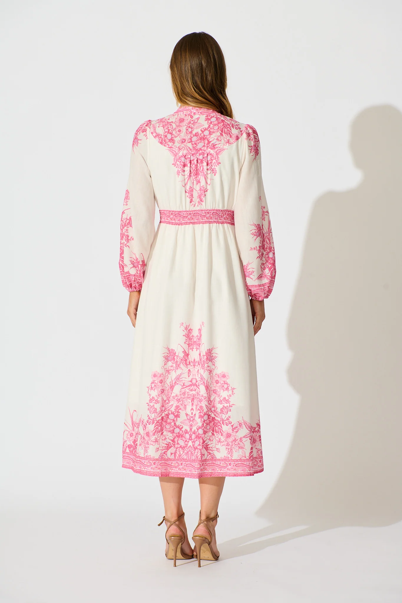 Evilia Maxi Dress in Cream with Pink Floral Linen Blend - Image 4