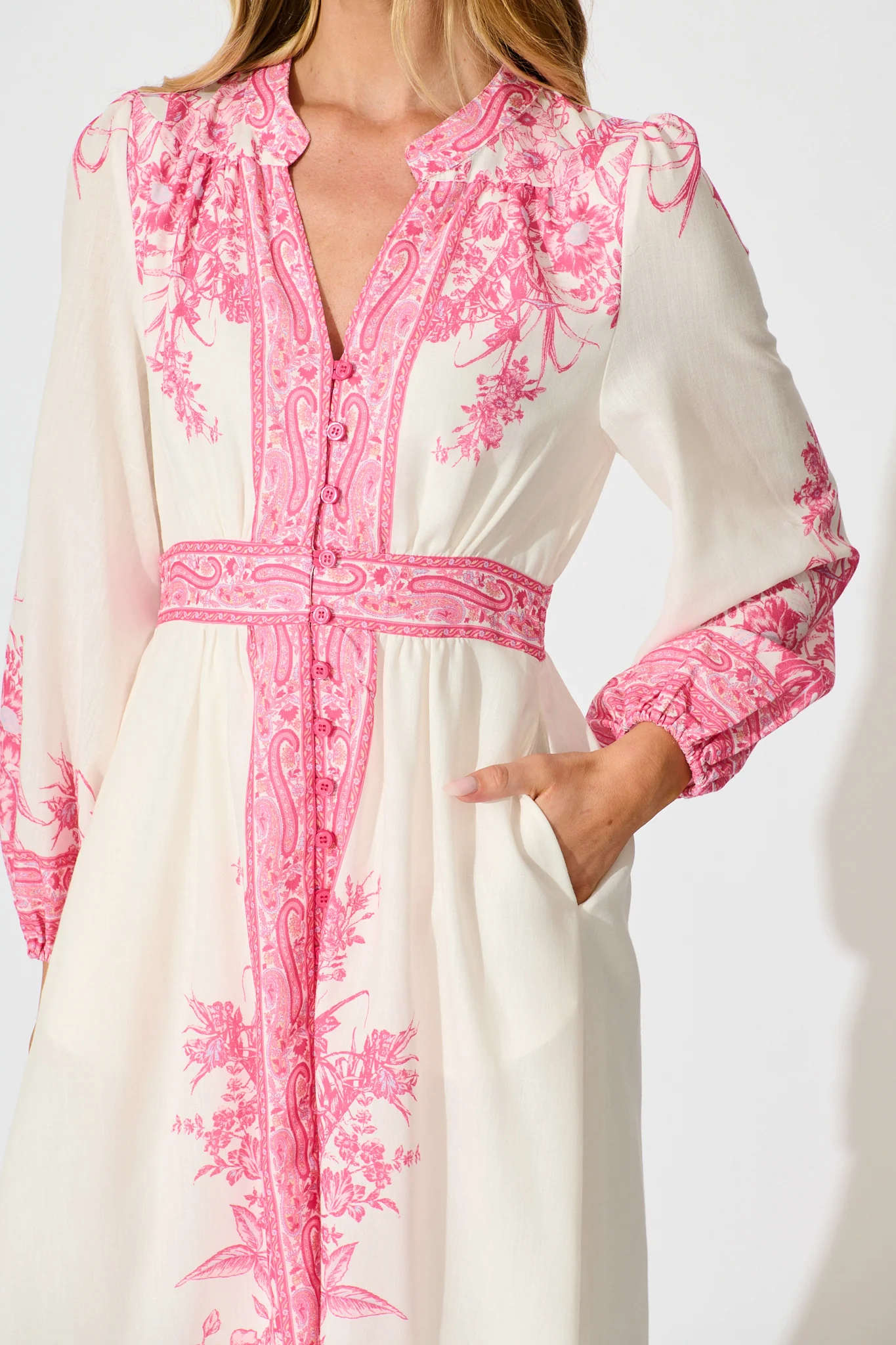 Evilia Maxi Dress in Cream with Pink Floral Linen Blend - Image 5